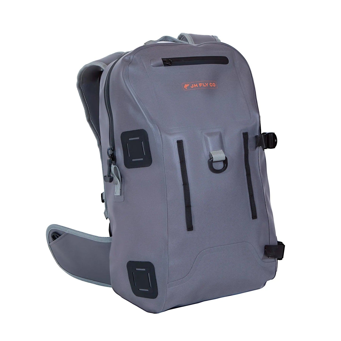 The JHFLYCO 27L Waterproof Backpack by Jackson Hole Fly Company features rugged 500D PVC, a top TIZIP zipper, front straps, orange logo, multiple pockets, and a padded waist strap for comfort—perfect for the wild.