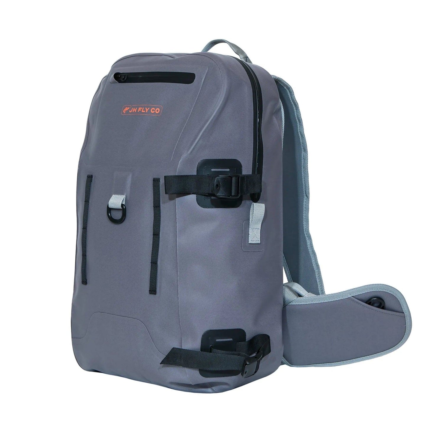 The JHFLYCO 27L Waterproof Backpack by Jackson Hole Fly Company features a sleek grey rectangular design, black buckles, TIZIP zipper front pocket, padded hip belt, and orange FUN FLY CO logo. Made from durable 500D PVC for lasting use.
