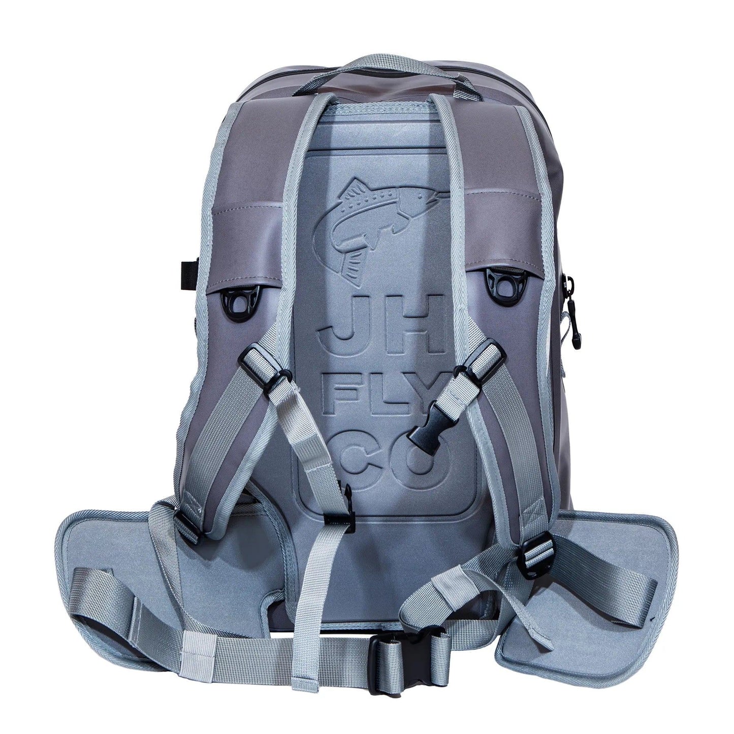 The JHFLYCO 27L Waterproof Backpack from Jackson Hole Fly Company features rugged gray 500D PVC, padded straps, a hip belt, a TIZIP zipper, and multiple adjustment points. “JH FLY CO” is embossed with a fish logo on the structured design.