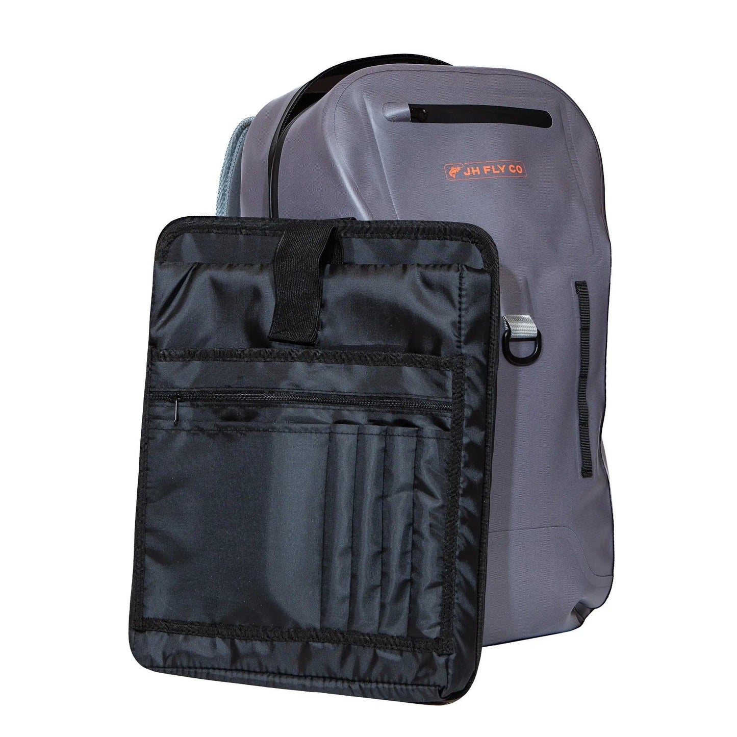 The JHFLYCO 27L Waterproof Backpack by Jackson Hole Fly Company is a gray 500D PVC pack with orange logo, shown with a removable black organizer featuring pockets, velcro strap, and secure TIZIP zipper. Ready for the Wild.