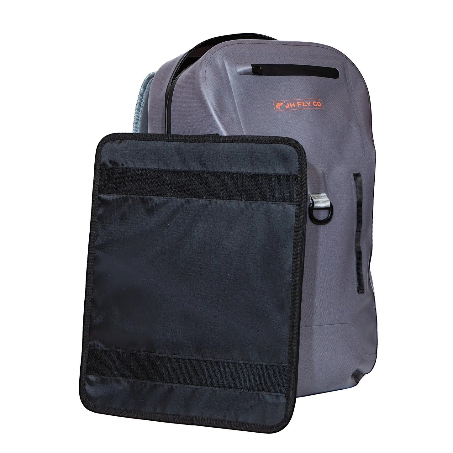 The Jackson Hole Fly Company JHFLYCO 27L Waterproof Backpack, made of gray 500D PVC with a front TIZIP zipper and handle, is shown next to a removable black padded Velcro panel. Ready for the Wild.