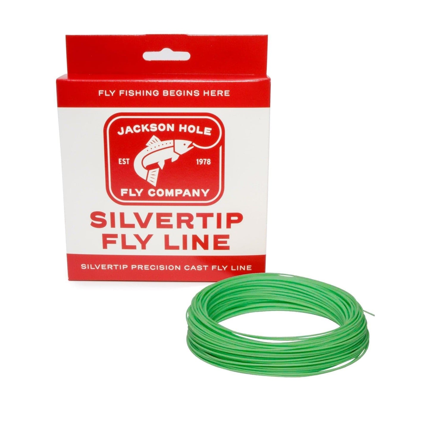 A Jackson Hole Fly Company Kenai River Rod Combo Kit – 90 8WT rests beside coiled bright green fly fishing line on a white background. The red and white box features a fish logo and product text.
