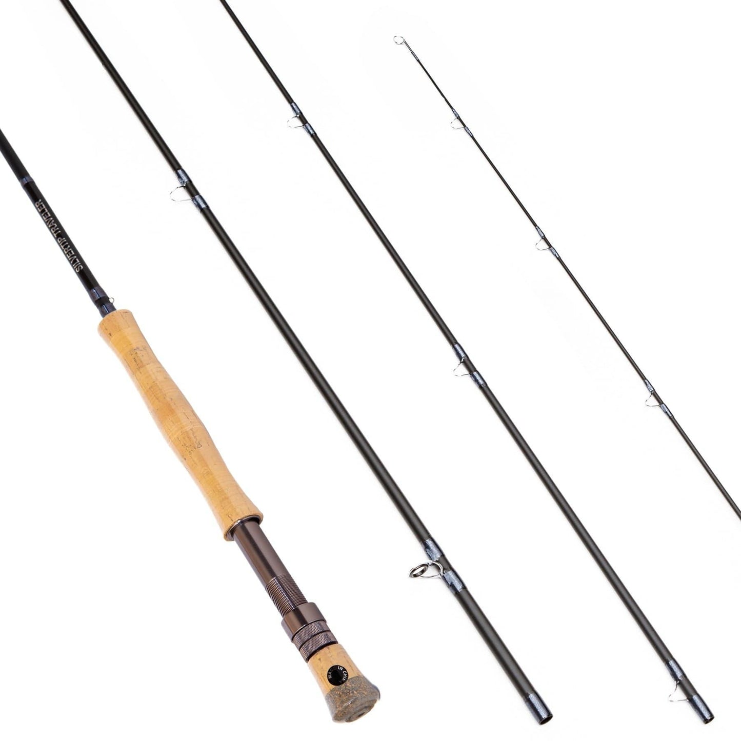 The Jackson Hole Fly Company Kenai River Rod Combo Kit – 90 8WT is shown disassembled with a cork handle and dark metal guides on a white background, perfect for salmon and steelhead fishing.