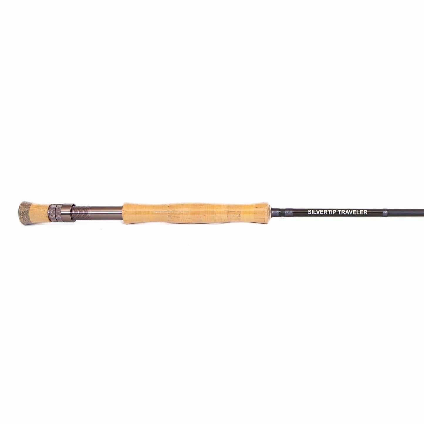 The Jackson Hole Fly Company Kenai River Rod Combo Kit – 90 8WT features a light cork handle, dark reel seat, and SILVERTIP TRAVELER label, ideal for salmon and steelhead, shown on a white background.