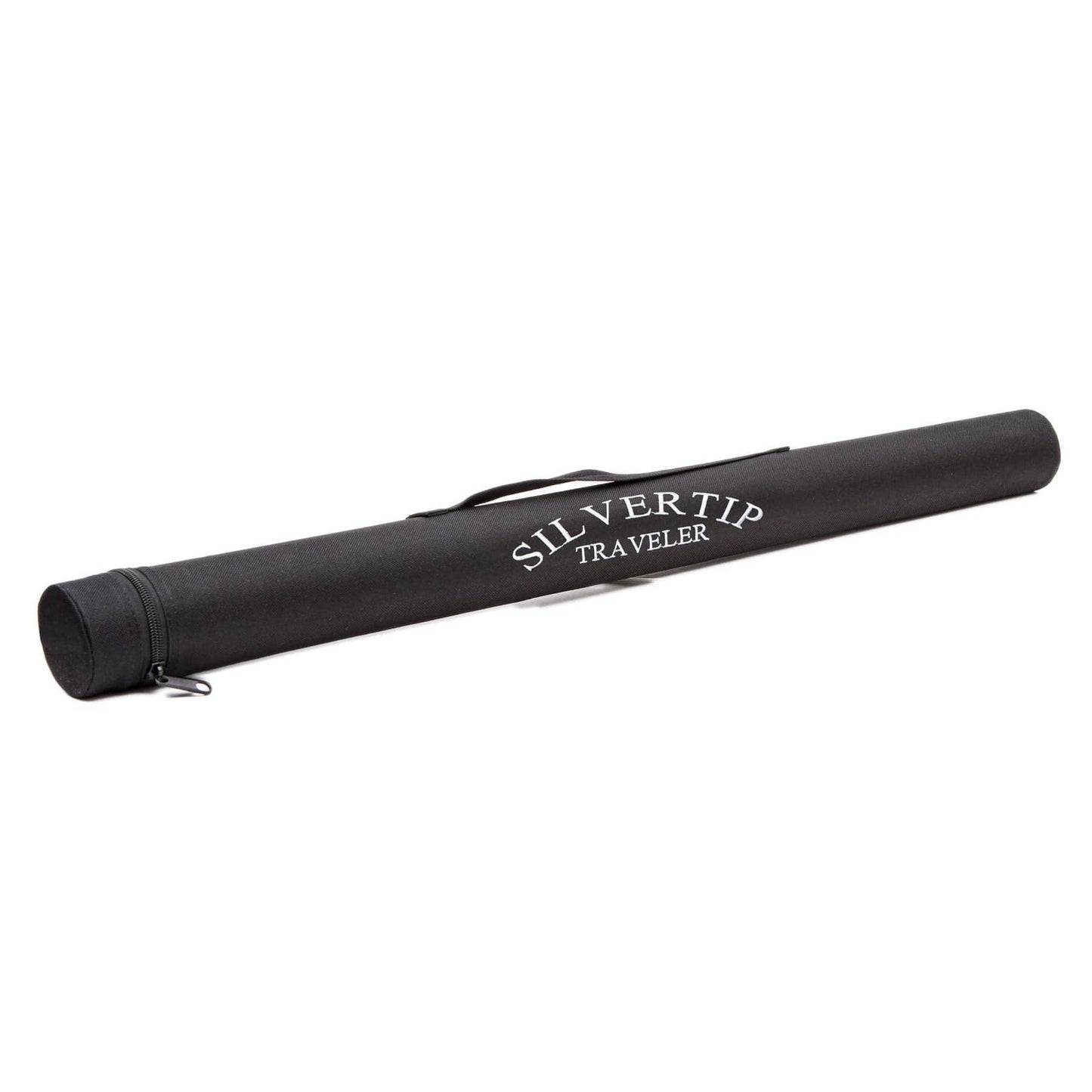 A sleek black cylindrical case with a zipper and handle, labeled SILVER TIP TRAVELER, ideal for carrying your Jackson Hole Fly Company Kenai River Rod Combo Kit – 90 8WT or other fishing essentials on your next angling adventure.