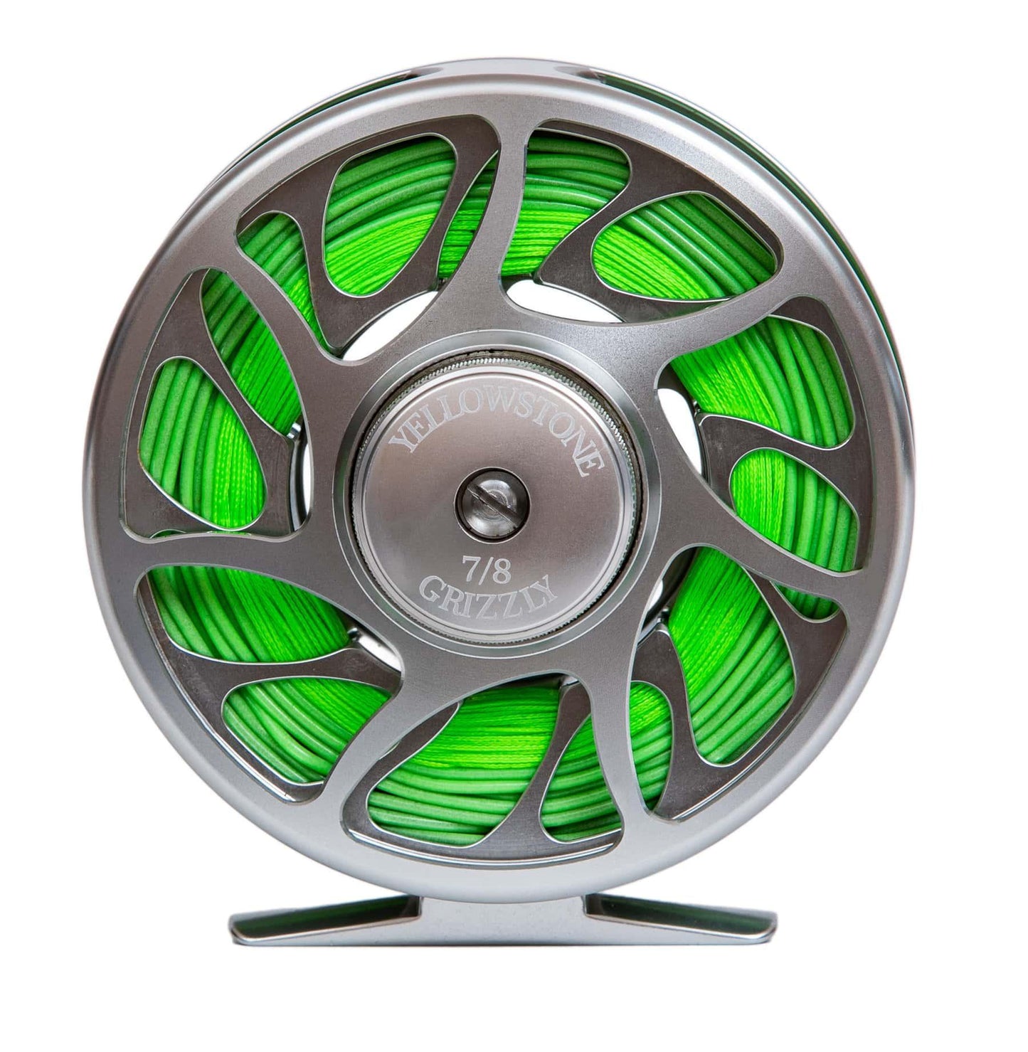 The Kenai River Rod Combo Kit – 90 8WT by Jackson Hole Fly Company features a modern silver reel wound with bright green line and engraved “Yellowstone Grizzly 7/8.” Ideal for salmon, steelhead, or pairing with your favorite gear.