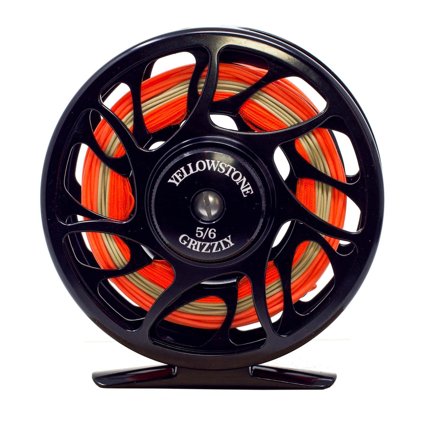 A black Yellowstone Grizzly 5/6 fly reel with orange and beige line is pictured on a white background—an ideal match for the Jackson Hole Fly Company Missouri River Rod Combo Kit – 86 5WT.