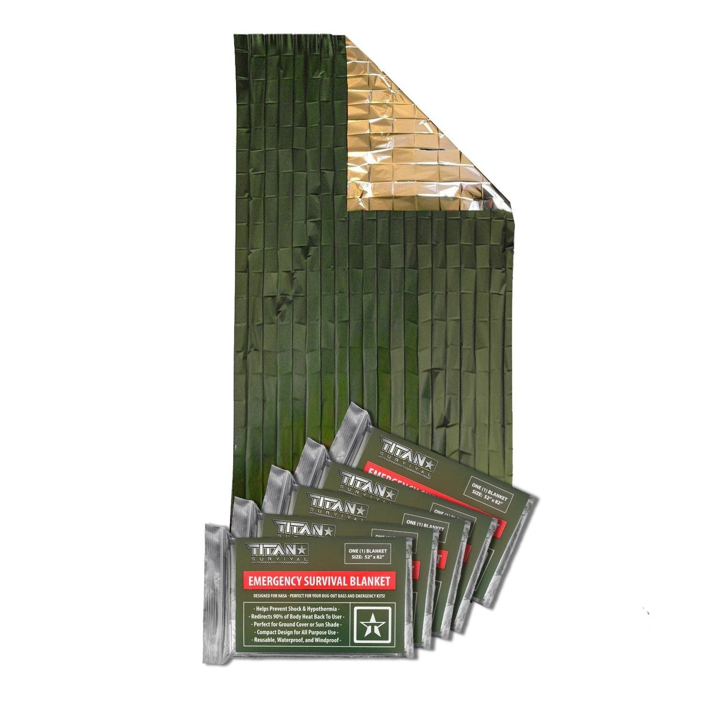 A partially unfolded TITAN Mylar Emergency Survival Blanket (52 x 82) from TITAN Survival shows its silver interior and green exterior, with five packaged TITAN Mylar Emergency Survival Blankets (5-Pack) displayed in front.