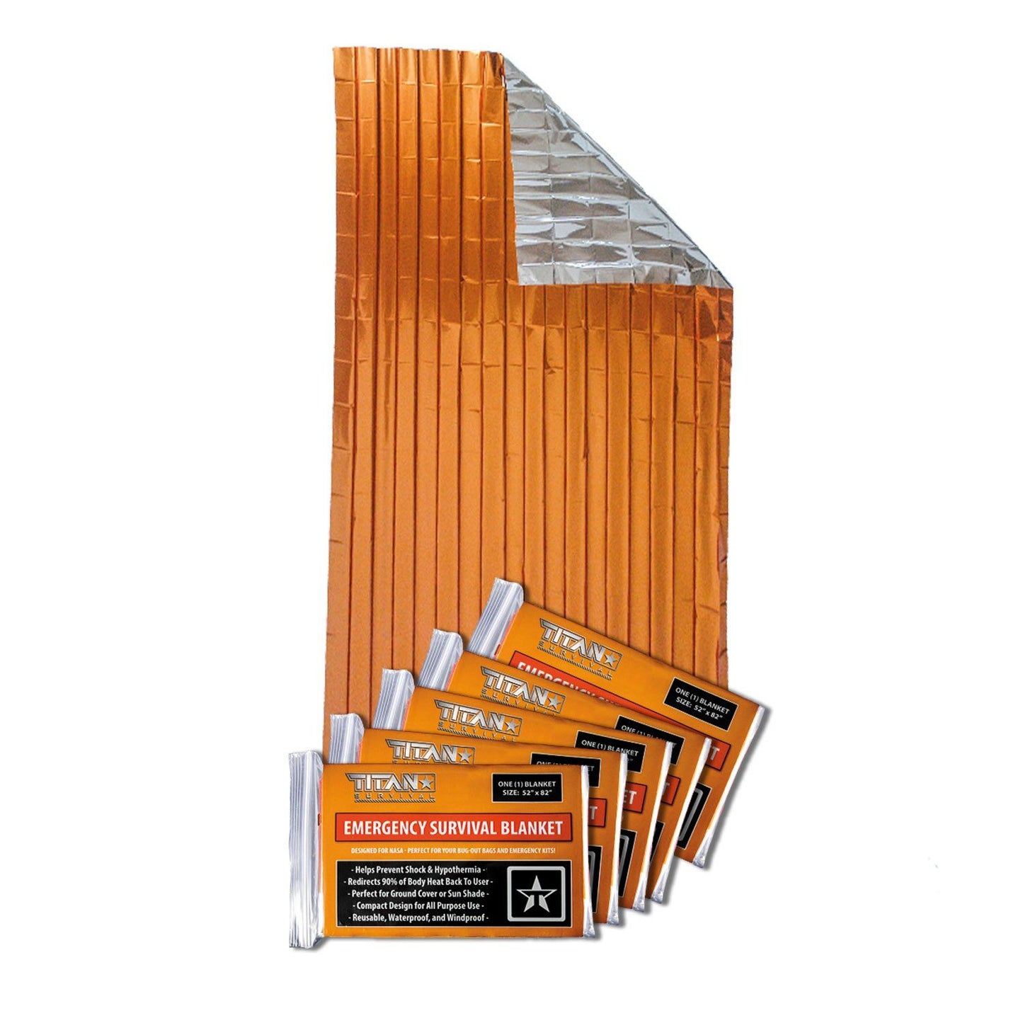 A partially unfolded orange and silver TITAN Survival Mylar Emergency Survival Blanket (52 x 82) is shown, with four packaged blankets from the TITAN Mylar Emergency Survival Blankets 5-Pack in front.