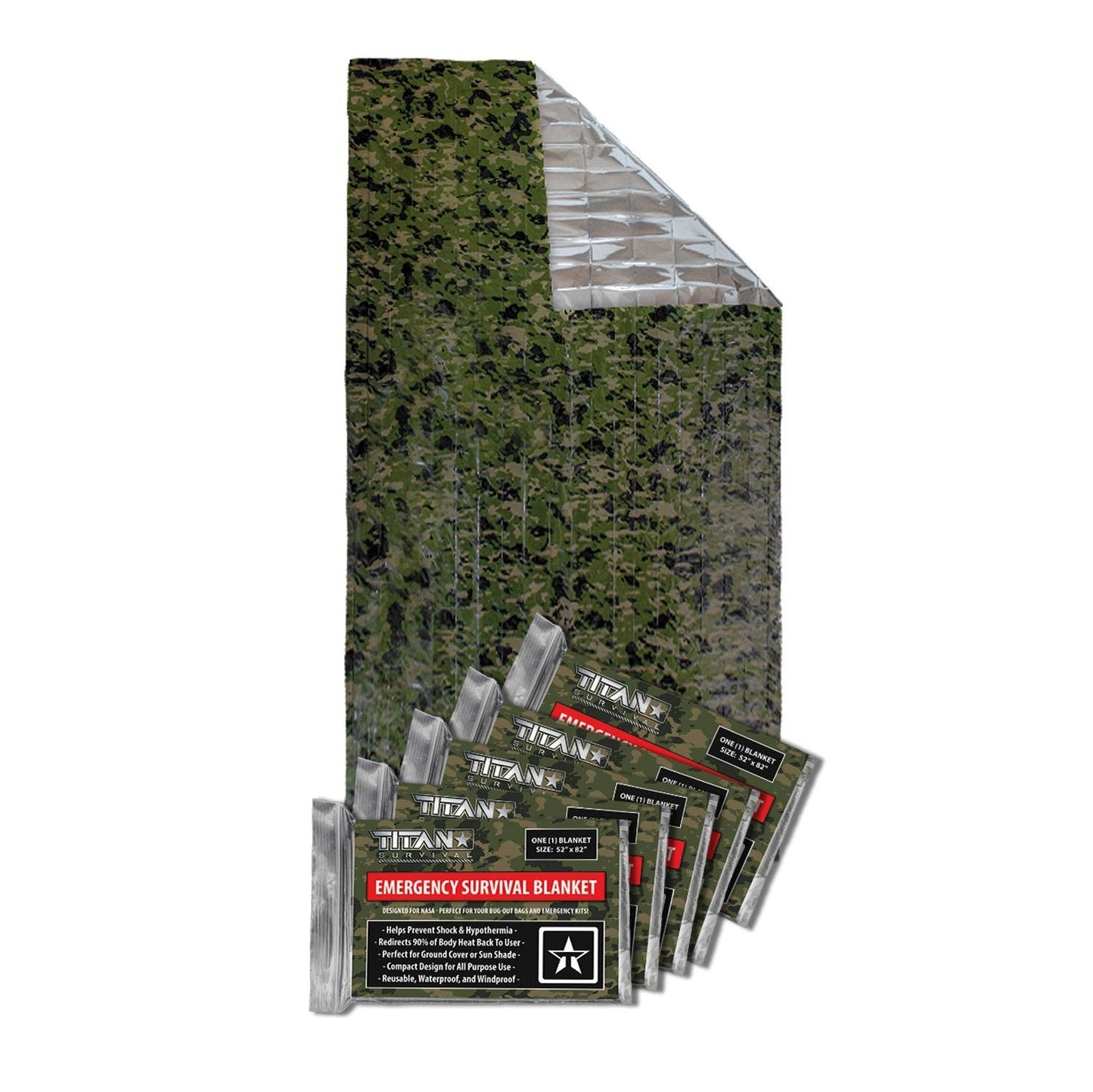 The image displays a TITAN Mylar Emergency Survival Blanket (52 x 82) by TITAN Survival, unfolded to show its camouflage pattern and reflective silver underside. In front, several labeled packets from the 5-pack are also shown.