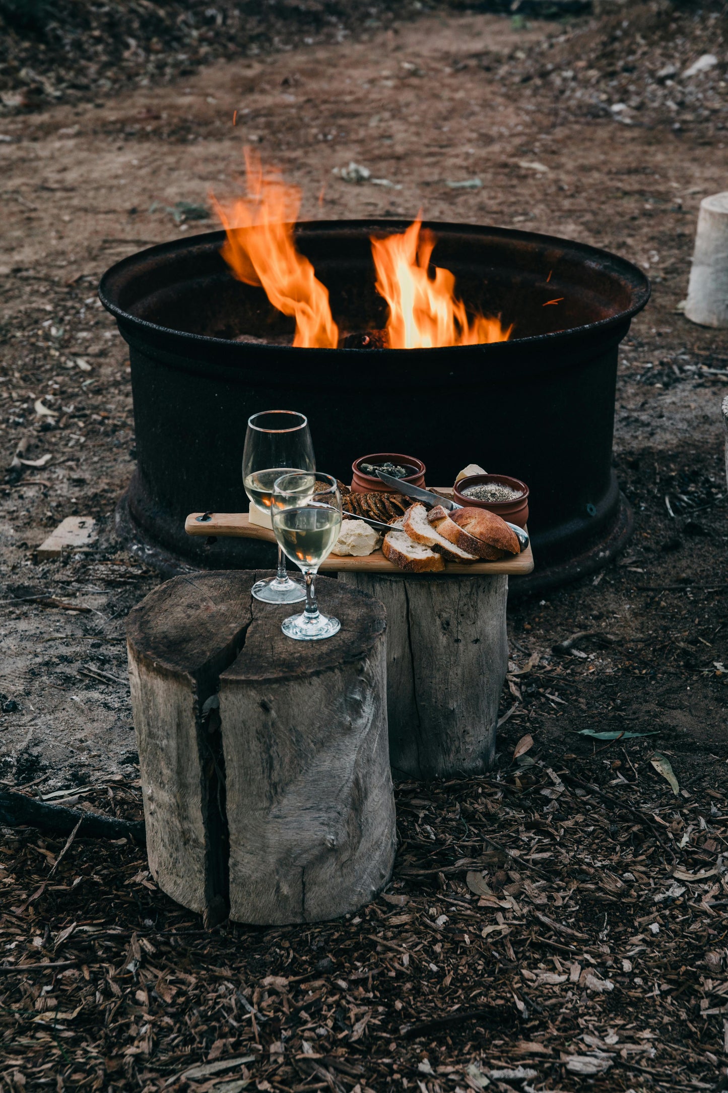 Two glasses of white wine and a wooden platter with bread and dips rest on tree stumps by a crackling fire pit, its flames fueled by Fire Plugs - Fire Starter Tinder from Black Beard Fire Starters, outdoors on dirt.
