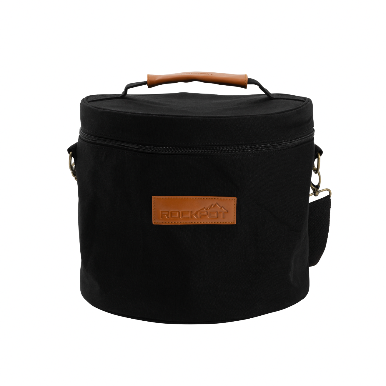The RockPot Mini Bundle’s black round insulated cooler bag, featuring a top handle, detachable shoulder strap, and front ROCKPOT patch, makes it easy to carry your All-In Survival Cooking system for camping or emergencies—no plug required.