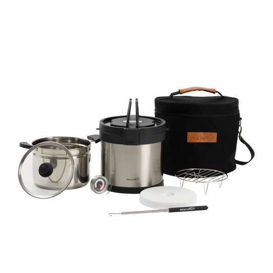 The RockPot Mini Bundle by RockPot includes a stainless steel pot with lid, thermal cooker, carrying case, rack, thermometer, ladle, and white disc—perfect for emergency preparedness and off-grid cooking. No plug required.