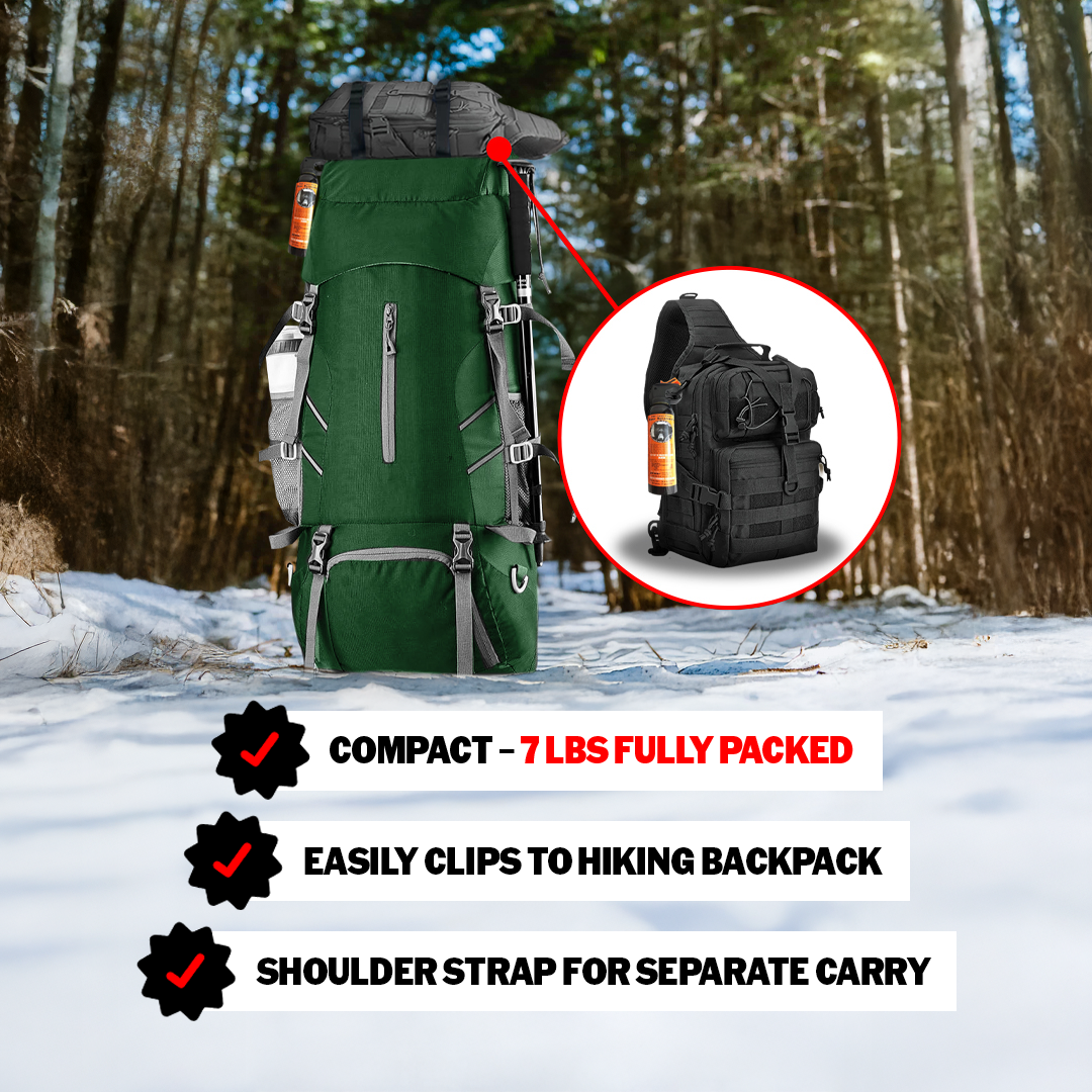A large green hiking backpack stands on snowy ground in a forest. An inset shows the Entropy Survival Safe Trail “Survive-All” Go Bag—just 7 lbs, packed with essentials, clips to backpacks easily, and features a shoulder strap for separate carry.