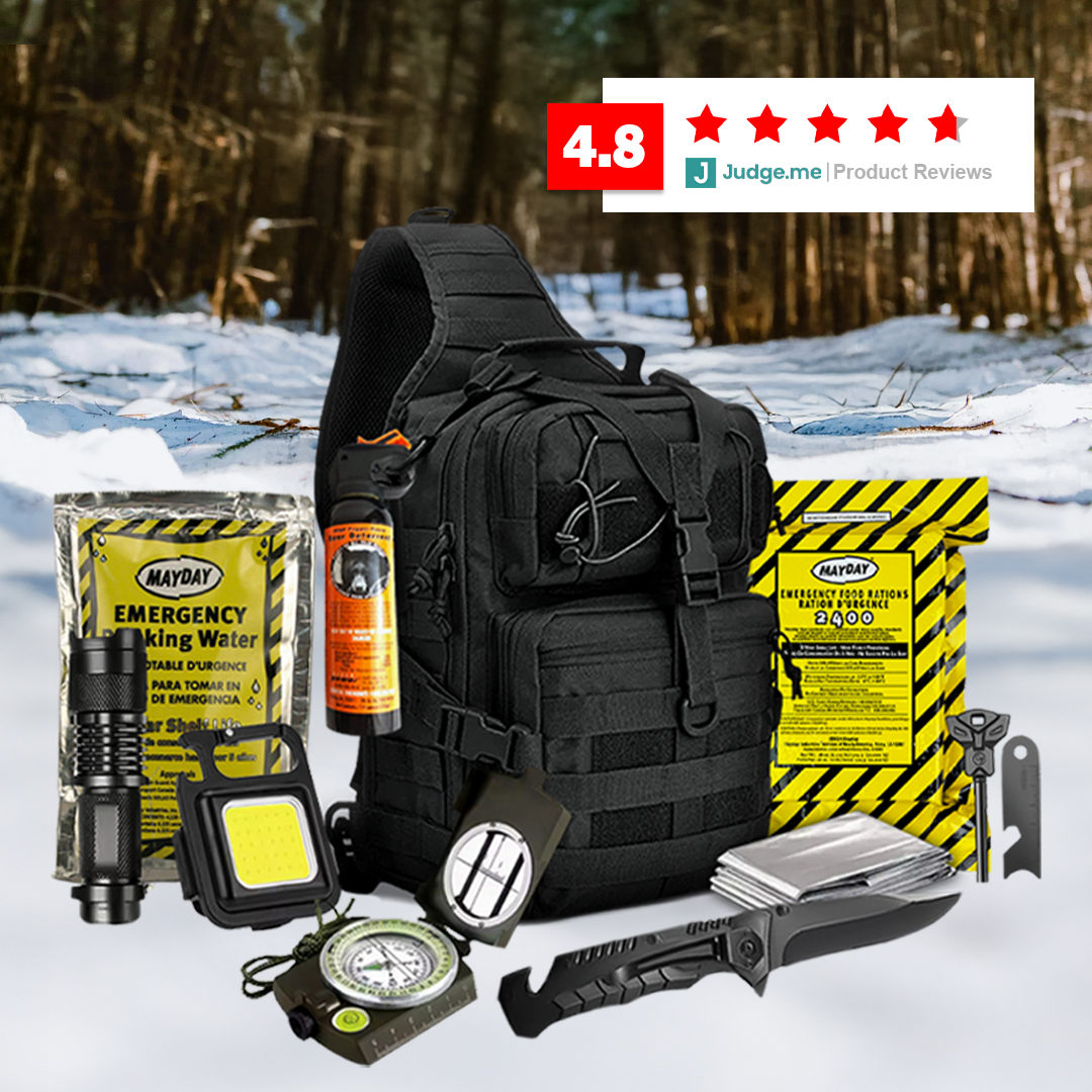 The Entropy Survival Safe Trail “Survive-All” Go Bag, shown in black, is surrounded by survival gear—emergency water pouches, food rations, flashlight, compass, multitool, lantern, knife, and bear spray—with a 4.8-star rating above.