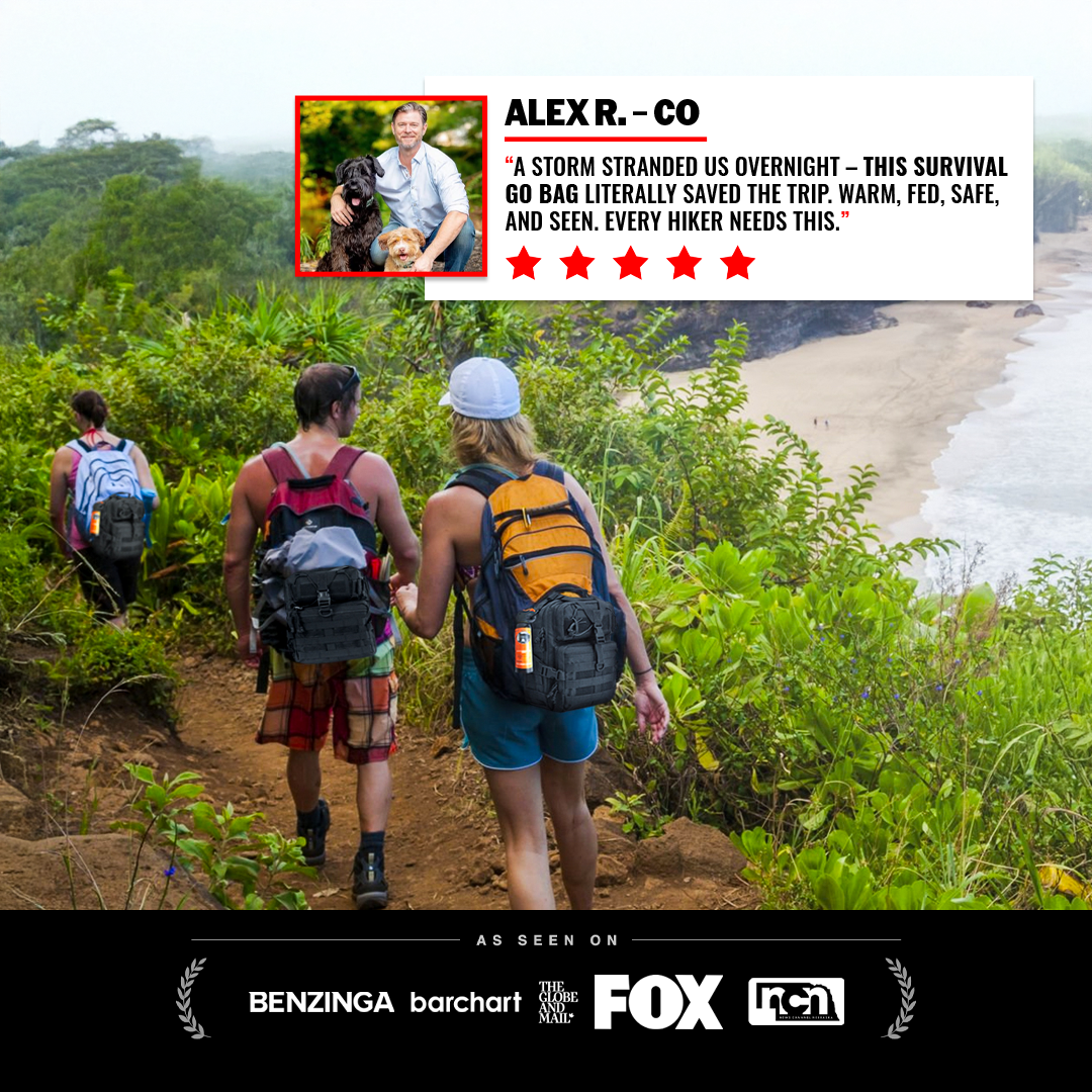 Two hikers with backpacks walk along a green trail toward a beach. An inset shows Alex R.’s five-star review of the Entropy Survival Safe Trail “Survive-All” Go Bag, featuring photos of Alex and a dog. Media outlet logos appear below.