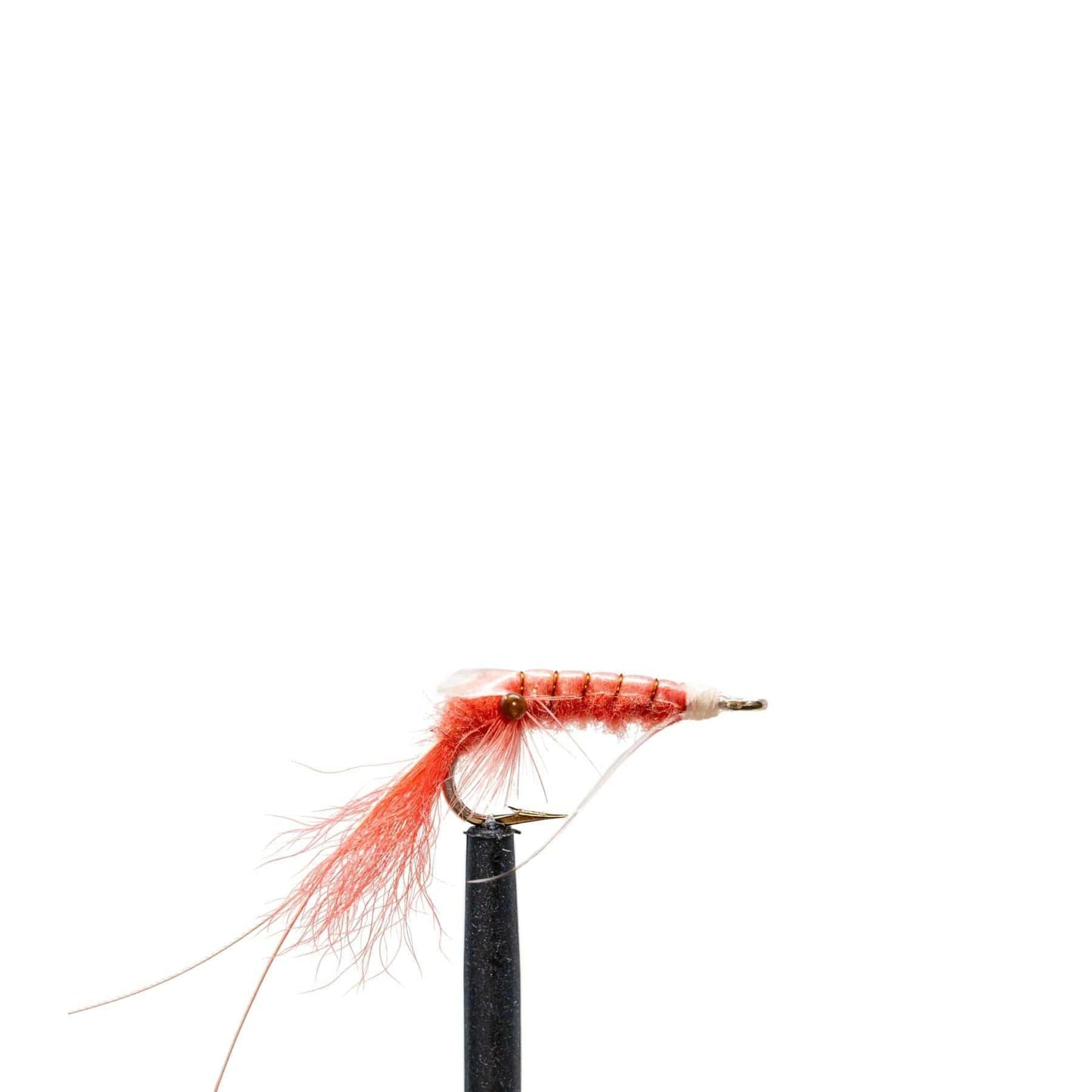 A close-up of a reddish-orange feathered fly from the Jackson Hole Fly Company, preloaded in the saltwater-ready JHFLYCO Snook Fly Box, mounted on a black holder against a white background.