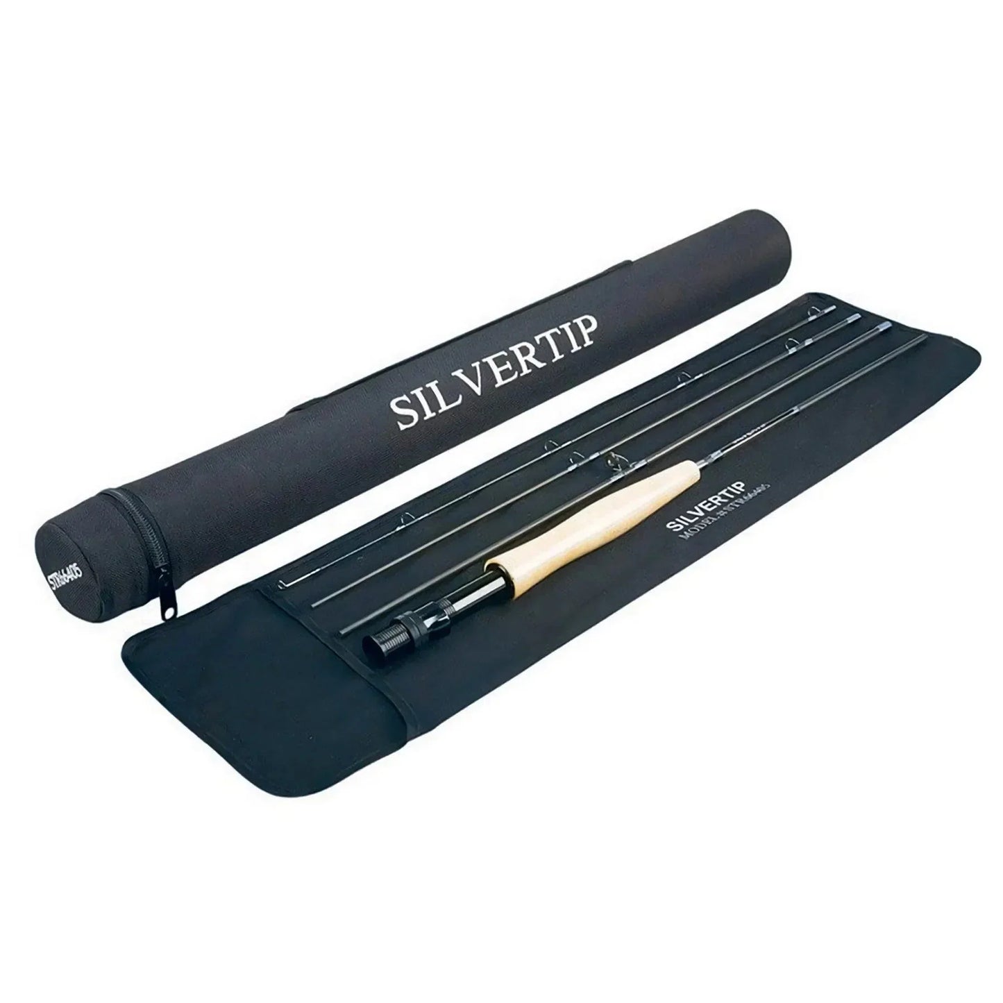 The Jackson Hole Fly Company Granite Creek Fly Fishing Combo Kit – 70 4WT Beginner Setup is shown disassembled next to a black carrying tube and Silvertip-labeled fabric sleeve on a white background.