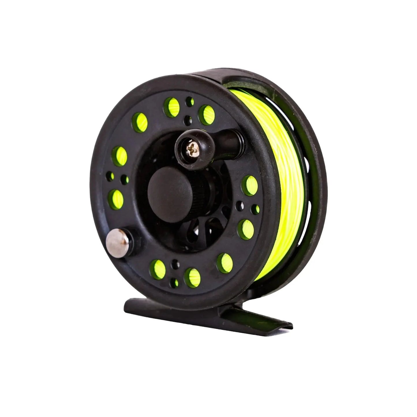 The Jackson Hole Fly Company Silvertip II 3/4 Fly Fishing Reel is lightweight and ready to learn, featuring circular holes and bright yellow line—perfect for beginner fly fishing, shown on a white background.