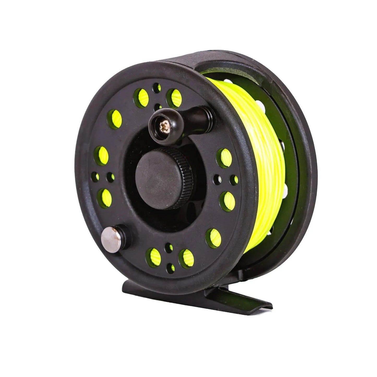 The Jackson Hole Fly Company Silvertip II 5/6 Fly Fishing Reel, pre-spooled with 5WT bright yellow fly line, is shown at an angle on a white background. Its black frame features multiple circular holes for a lightweight design.