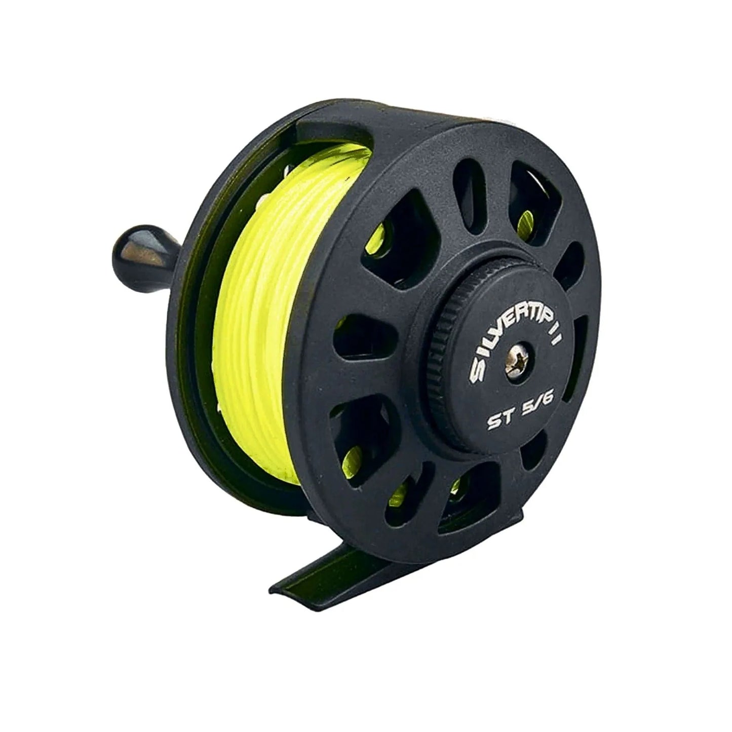 The Jackson Hole Fly Company Silvertip II 5/6 Fly Fishing Reel, spooled with bright yellow 5WT fly line, is displayed against a white background.