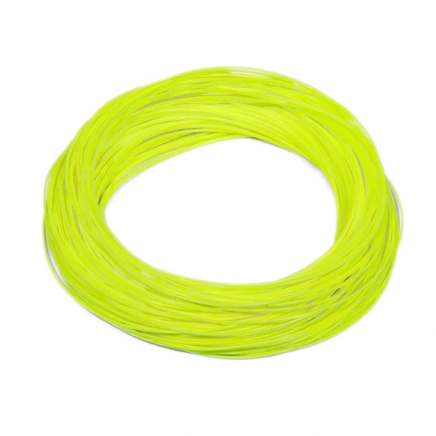 A neatly coiled loop of Jackson Hole Fly Company Silvertip Weight Forward Fly Line in bright yellow-green is displayed on a white background.