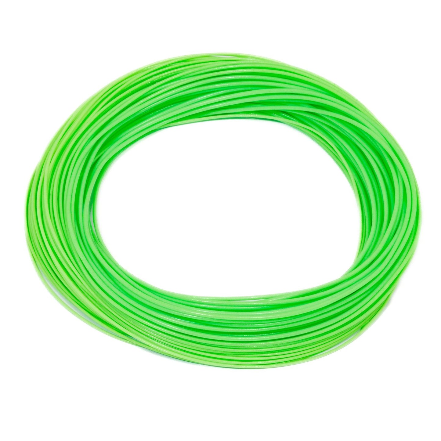 A Silvertip Weight Forward Fly Line by Jackson Hole Fly Company, featuring a bright green color and braided multifilament core, is coiled in a circle on a white background.