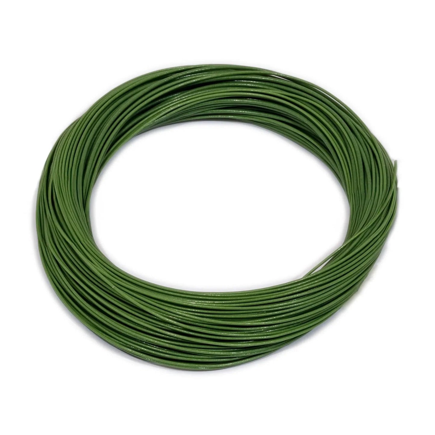 A coil of Silvertip Weight Forward Fly Line by Jackson Hole Fly Company, featuring a braided multifilament core, is arranged in a circular shape on a white background.