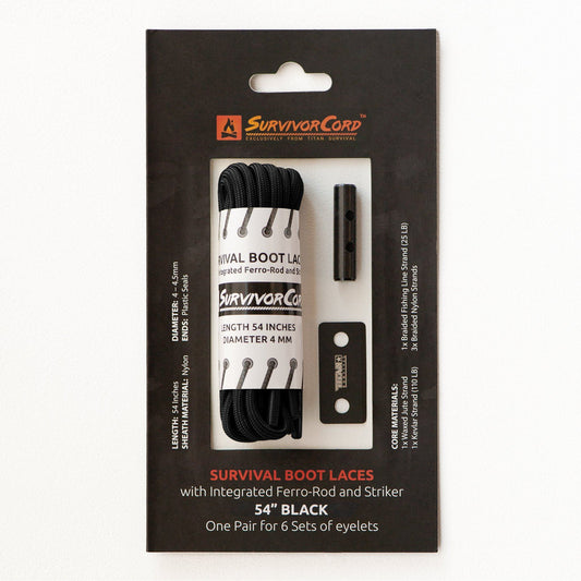 The TITAN Survival SurvivorCord® Boot Laces – Firestarter, Kevlar, Fishing Line package includes 54 black laces (4mm), a small metal ferro rod, and striker. These emergency laces feature integrated fire-starting tools for survival.