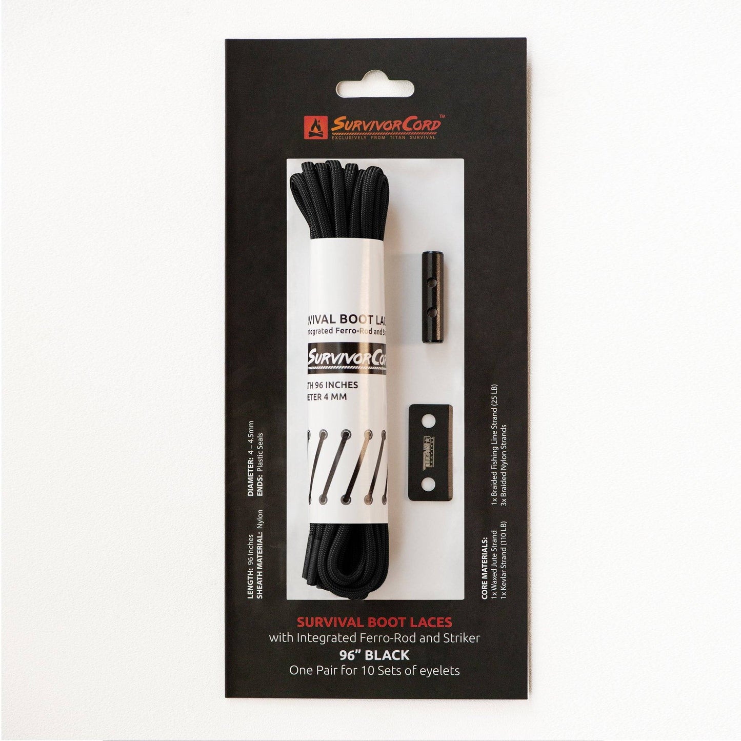 SurvivorCord® Boot Laces by TITAN Survival are 96 black laces with integrated firestarter, Kevlar, and fishing line—ideal for boots with 10 sets of eyelets. Packaging features product details and branding, perfect for prepared adventurers.