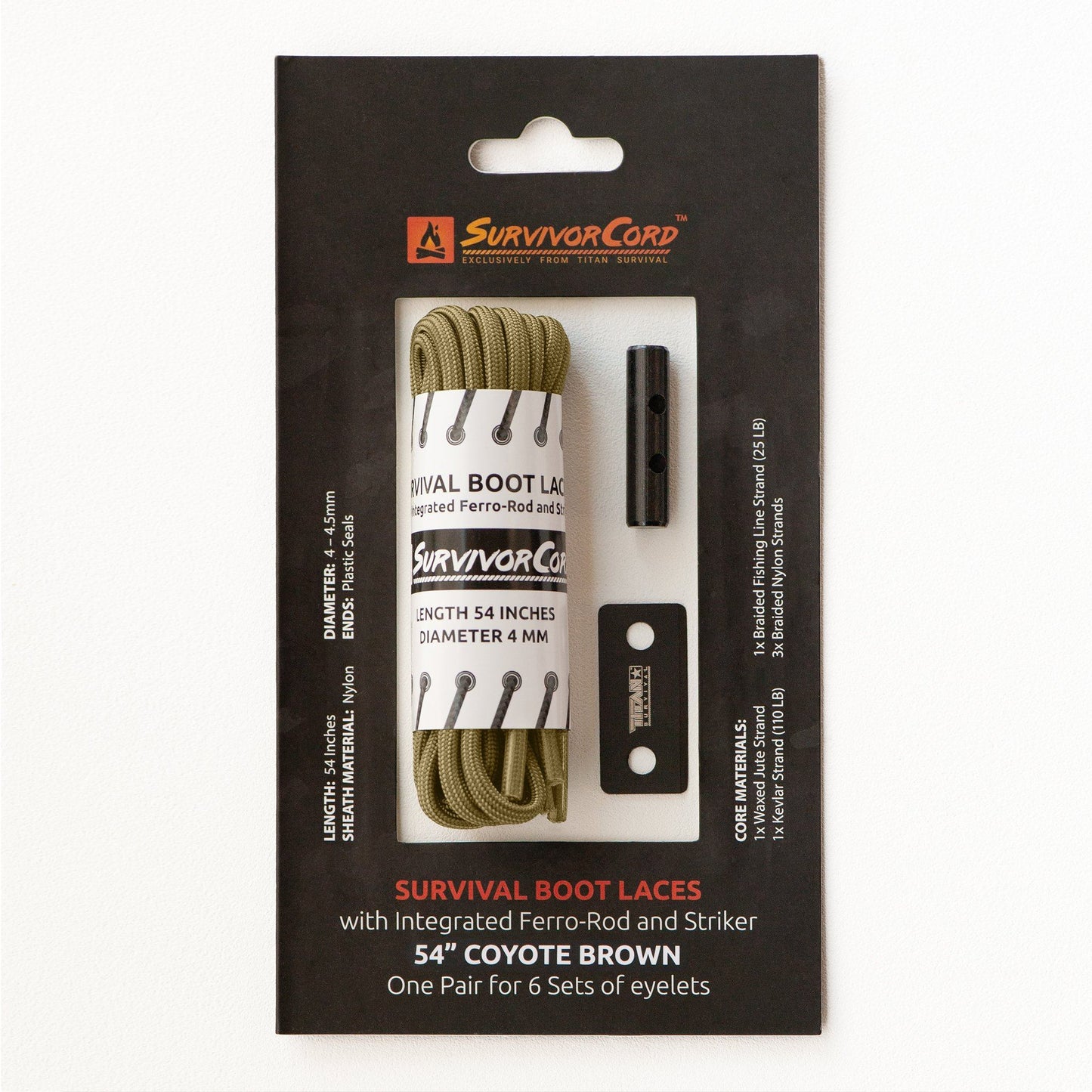 TITAN Survivals SurvivorCord® Boot Laces – Firestarter, Kevlar, Fishing Line in coyote brown are 54 x 4mm paracord laces with built-in ferro-rod and striker, packaged in sleek black with product details.
