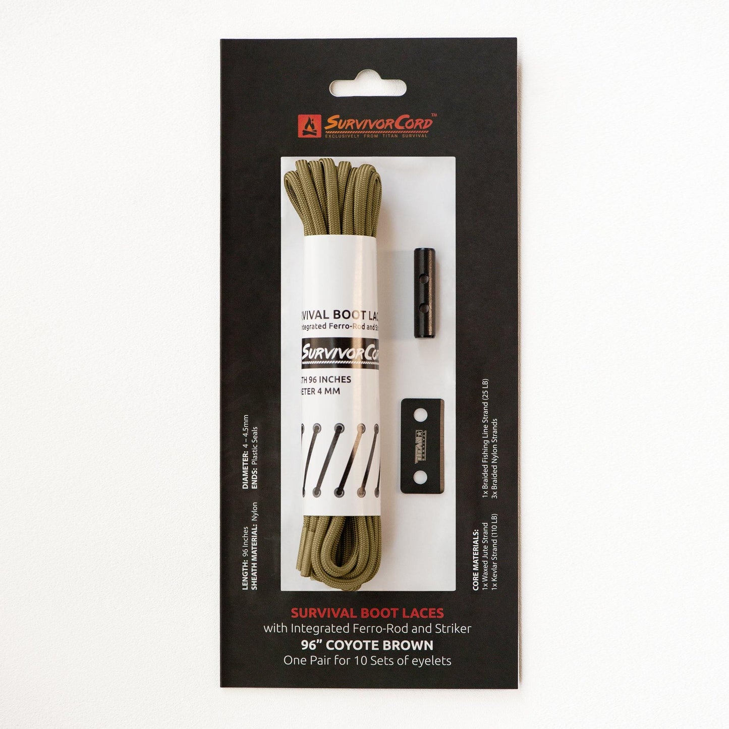 A 96-inch coyote brown package of TITAN Survivals SurvivorCord® Boot Laces – Firestarter, Kevlar, Fishing Line, includes integrated ferro-rod and striker inside the packaging for emergency use.