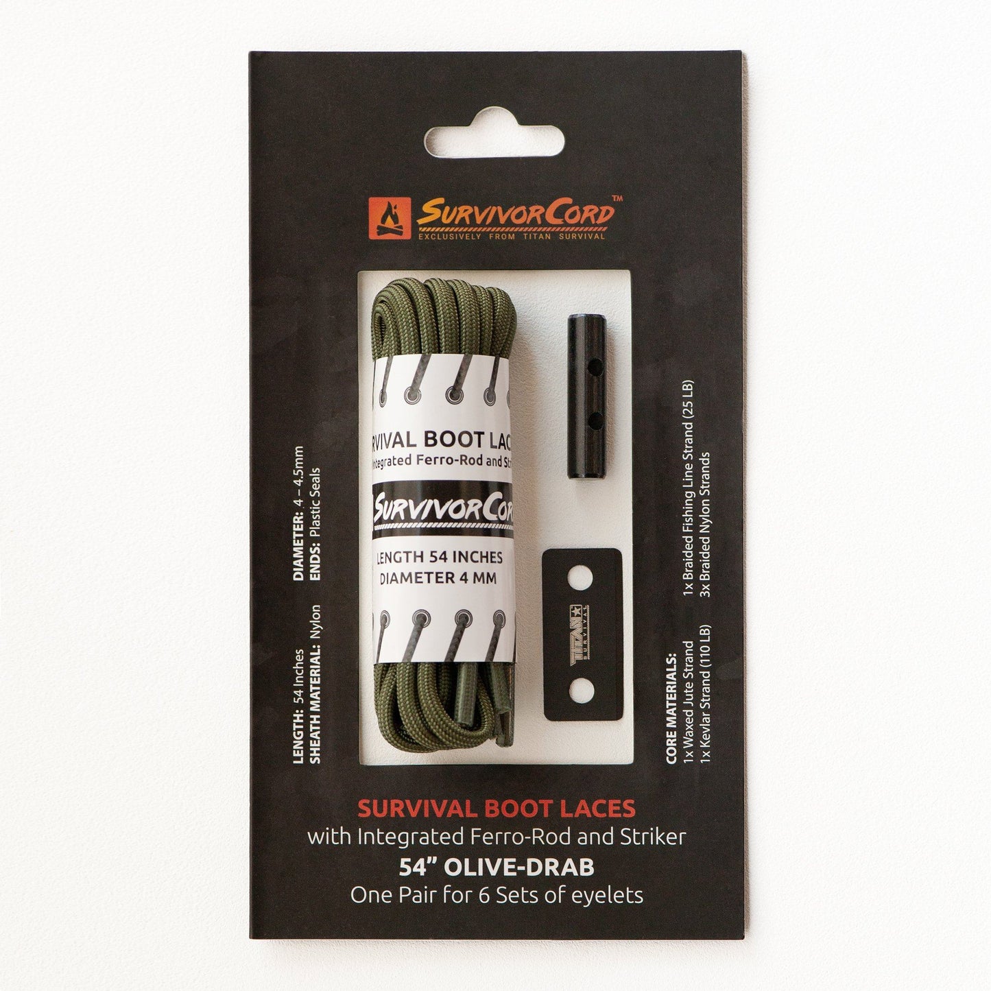 TITAN Survival SurvivorCord® Boot Laces – Firestarter, Kevlar, Fishing Line in olive drab: 54 long and 4mm thick, with integrated ferro-rod and striker. Durable emergency paracord laces for strength and preparedness.