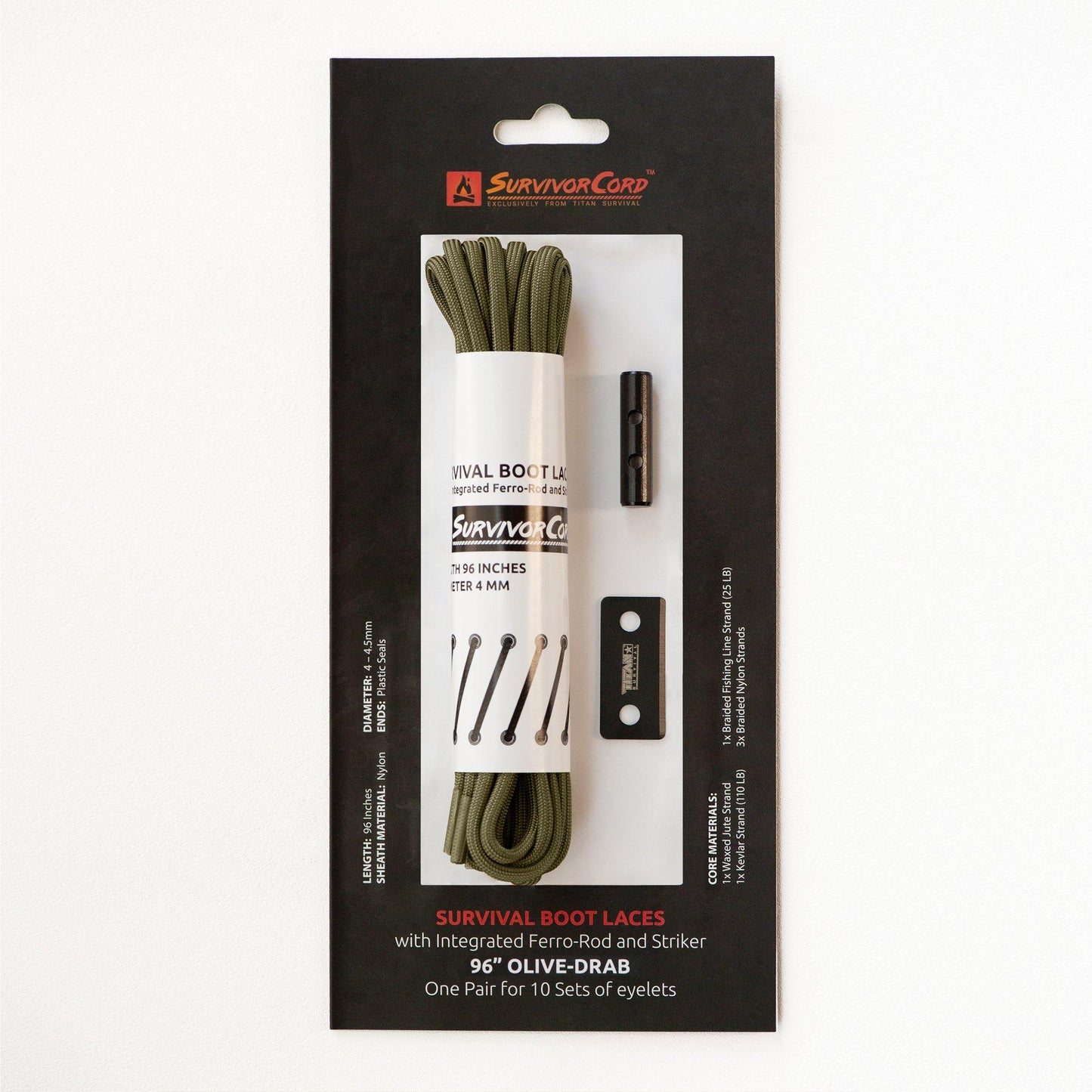 TITAN Survival SurvivorCord® Boot Laces – Firestarter, Kevlar, Fishing Line in olive drab, 96 long with built-in ferro-rod and striker. Designed for emergency kits; fits boots with 10 eyelets per lace.