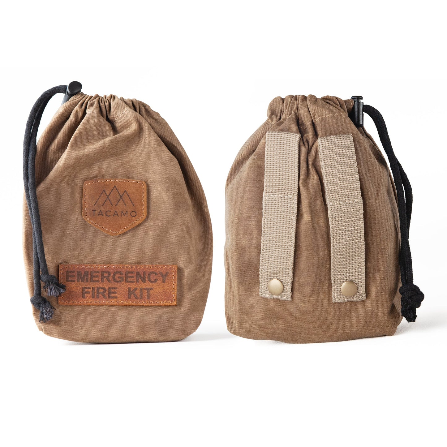 Two brown TITAN Survival waxed canvas bags labeled TACAMO 15-Piece Emergency Fire Kit feature black drawstrings and beige snap-button straps for easy attachment—ideal for carrying your survival fire starter or ferro rod.