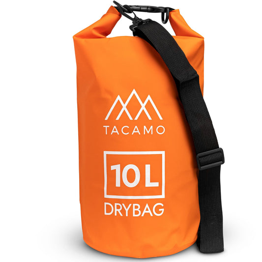 The TITAN Survival TACAMO® 10L Waterproof Dry Bag is bright orange with a black adjustable shoulder strap, white TACAMO 10L DRYBAG text, a roll-top closure with black buckle, and is rip proof and lightweight.