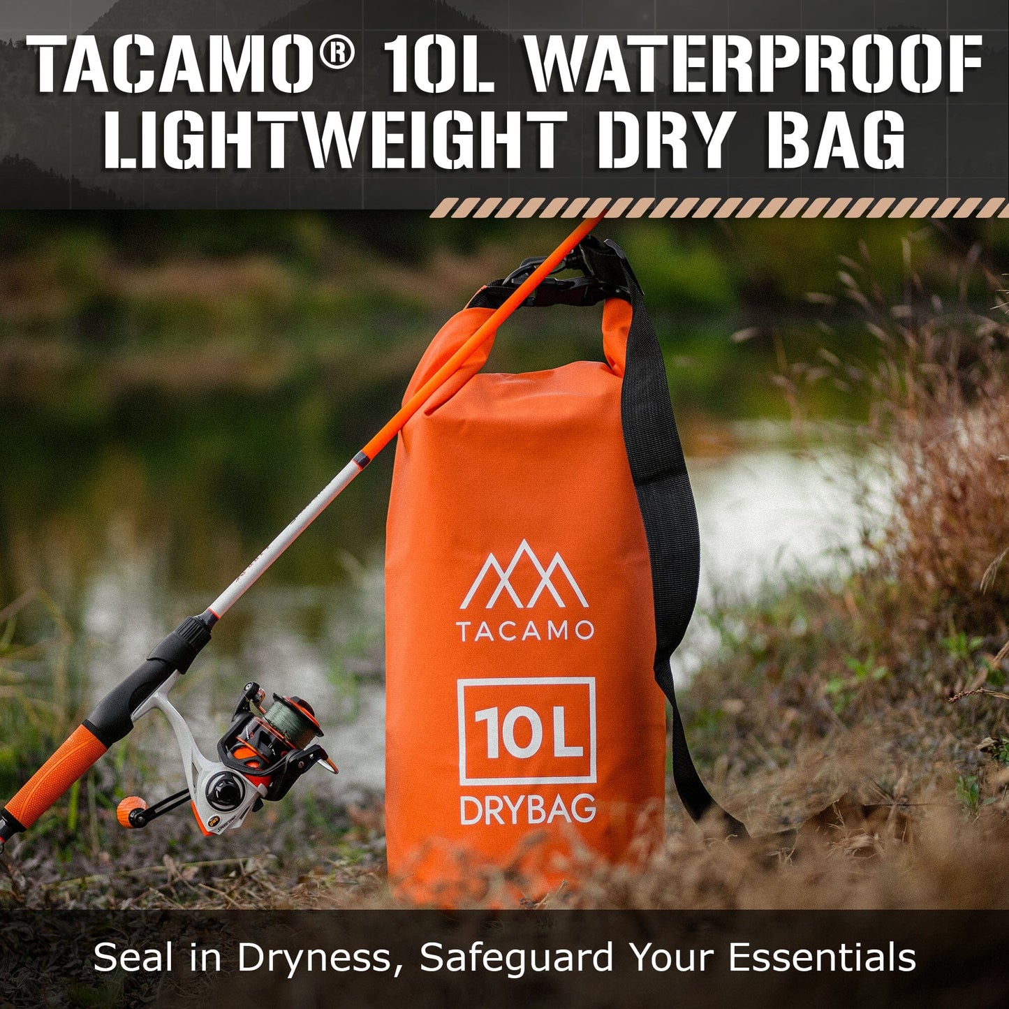 A TITAN Survival TACAMO® 10L Waterproof Dry Bag, made from rip-proof tarpaulin, sits on grass next to a fishing rod, showcasing its lightweight, waterproof design for keeping essentials protected outdoors.