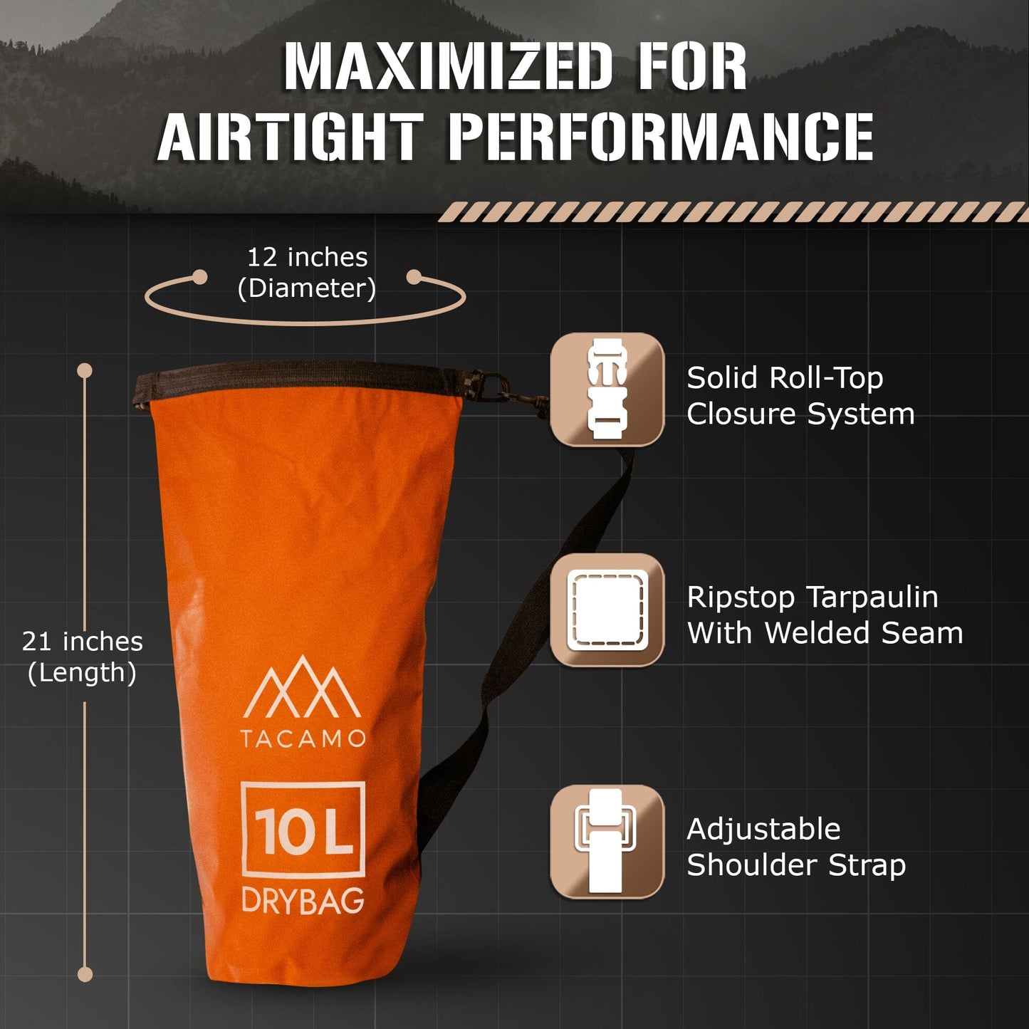 The TACAMO® 10L Waterproof Dry Bag by TITAN Survival is shown in orange, featuring a roll-top closure, adjustable shoulder strap, and welded seams. Made from ripstop tarpaulin, it measures 21 x 12 and is lightweight and rip proof.