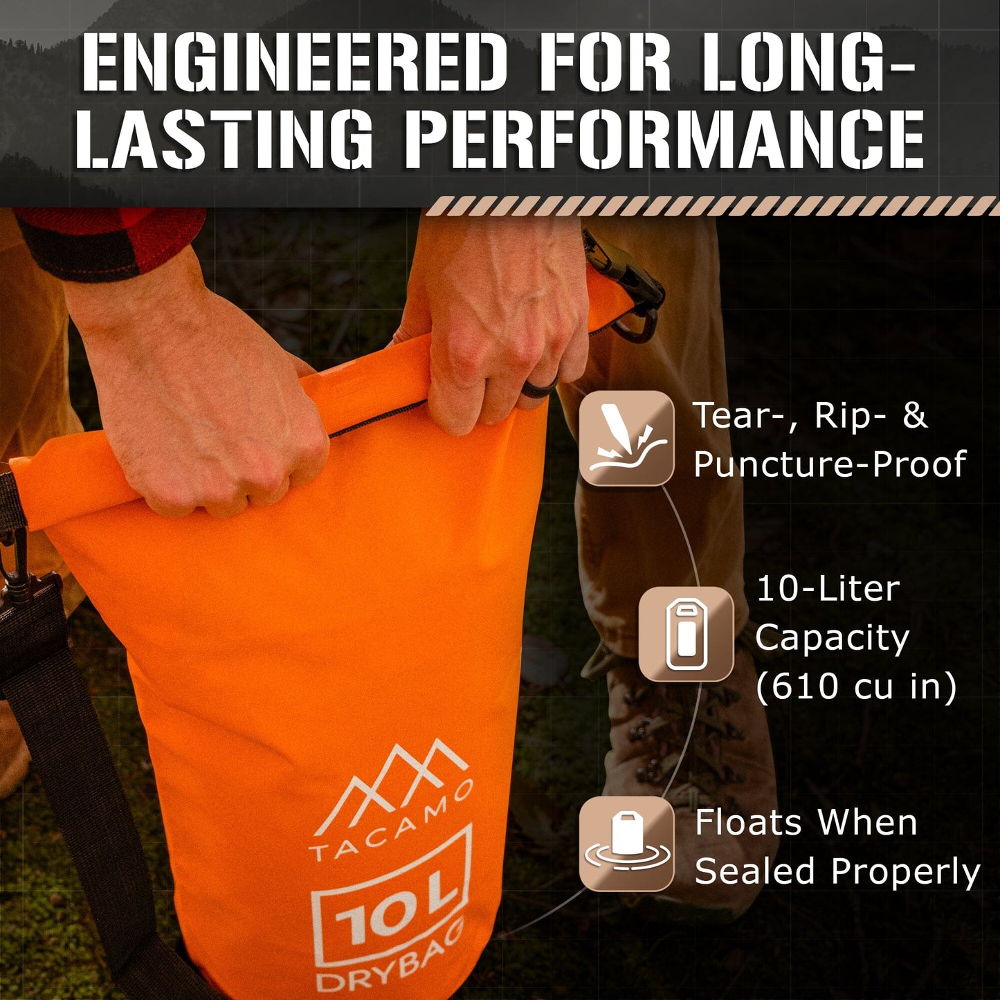 A person holds a TITAN Survival TACAMO® 10L Waterproof Dry Bag, made from rip-proof lightweight tarpaulin, with a 10-liter capacity, adjustable shoulder strap, and the ability to float when sealed.