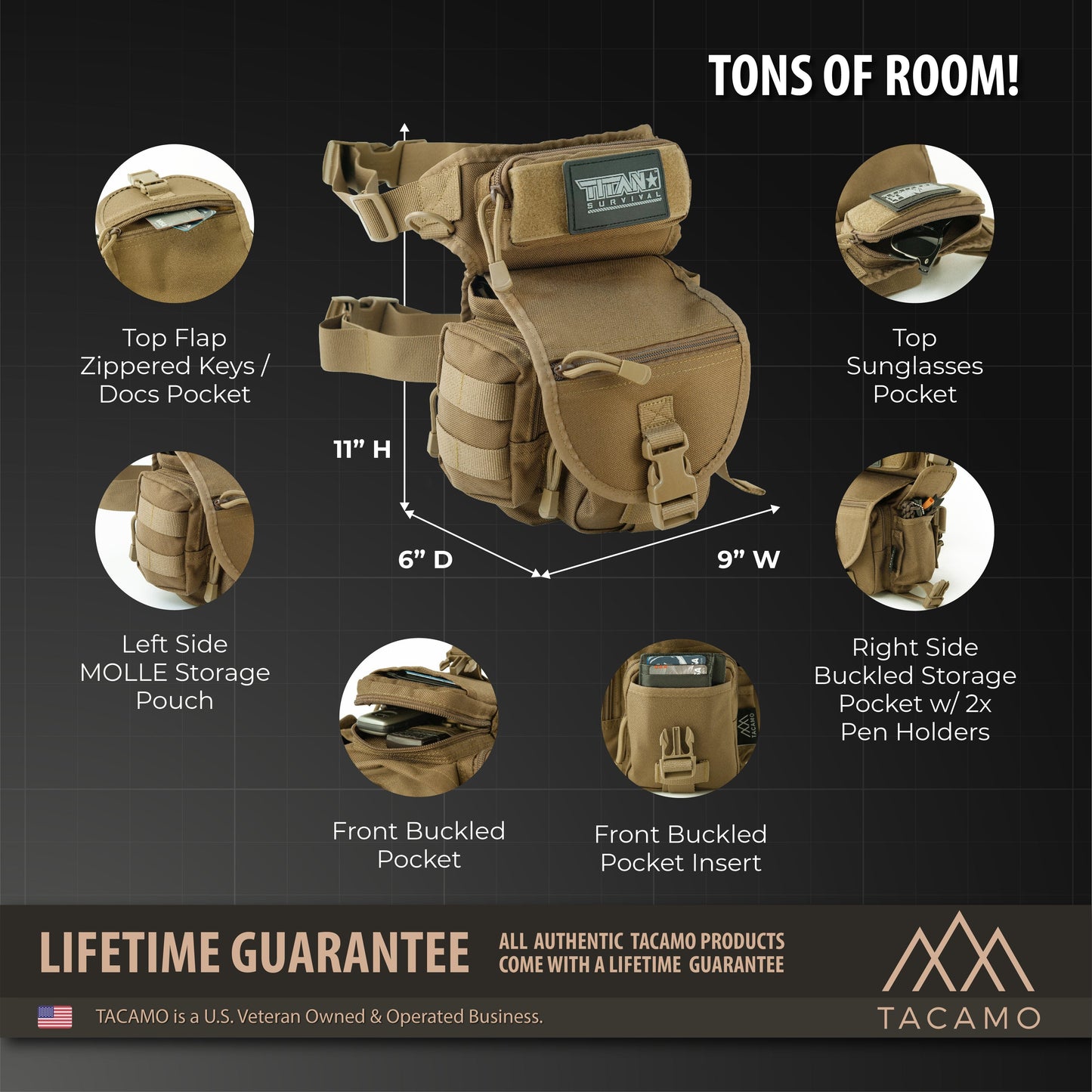 The TITAN Survival TACAMO® 10L Tactical Drop Leg Bag – MOLLE Thigh Pack, in tan 1000D Cordura nylon, features a top flap zippered pocket, front buckled pocket, sunglasses pocket, left MOLLE storage, pen holders, and measures 11H x 6D x 9W.