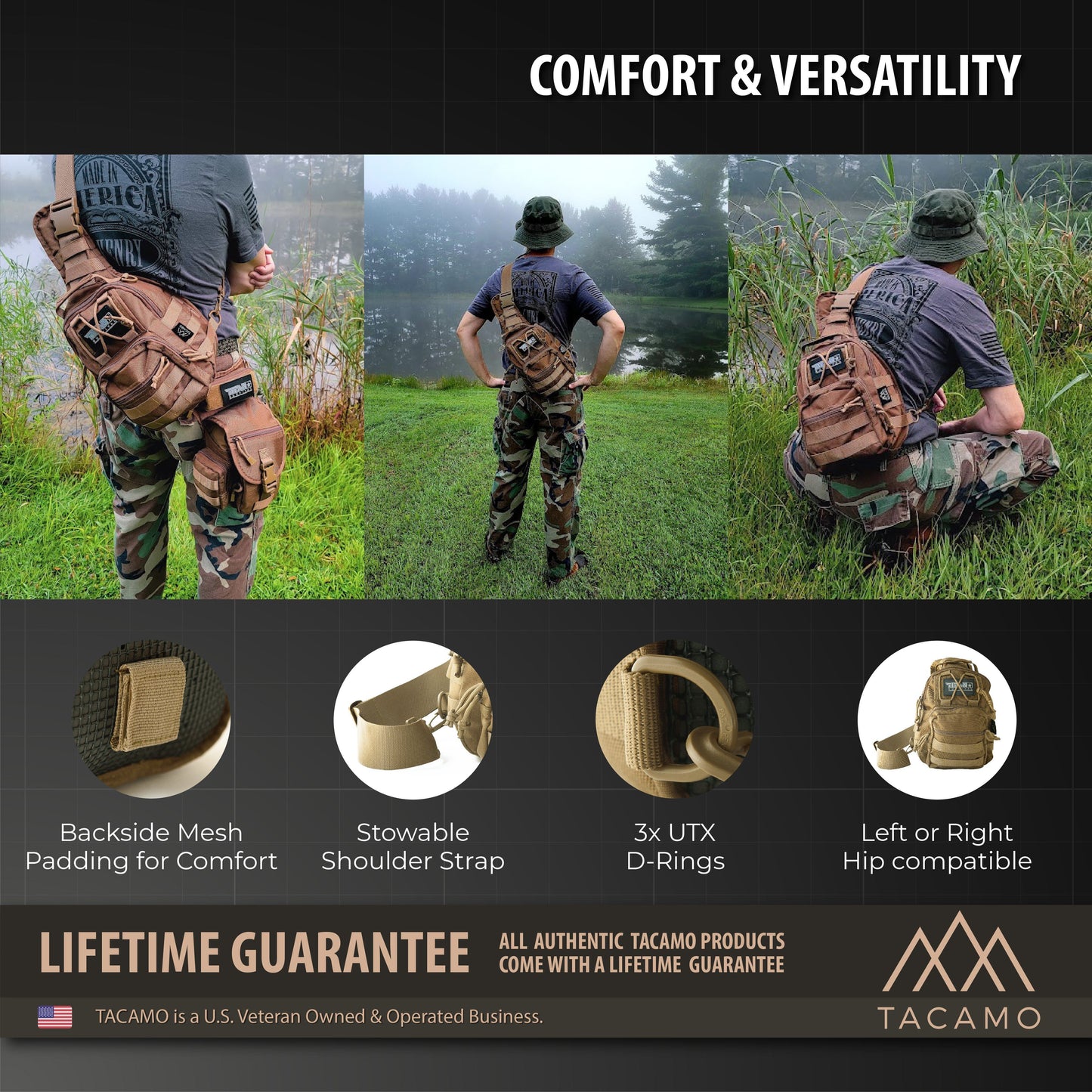 A man models the TITAN Survival TACAMO SB10 10L Tactical Crossbody Shoulder Sling Bag outdoors. Insets show mesh padding, stowable strap, UTX D-rings, and ambidextrous hip compatibility of this sling pack.