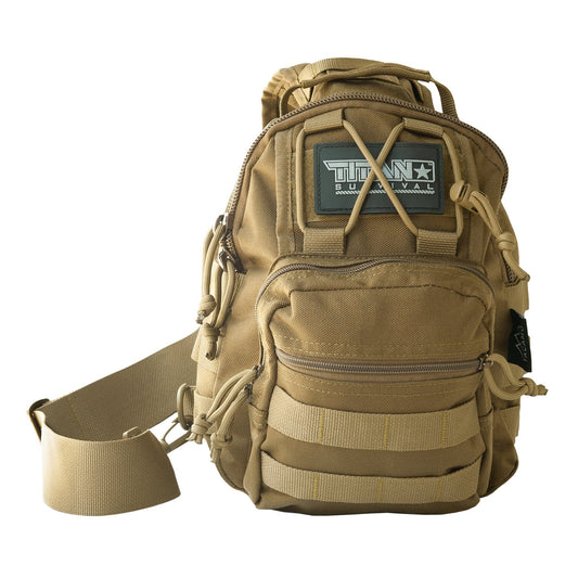 The TITAN Survival TACAMO SB10 10L Tactical Crossbody Shoulder Sling Bag in tan features multiple zippered compartments, an adjustable strap, MOLLE webbing, and a TITAN Survival patch on the front.