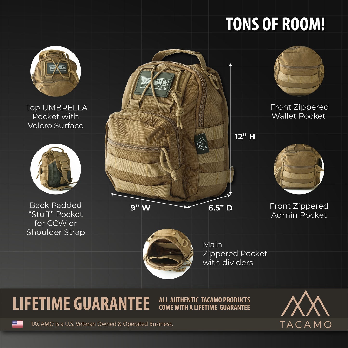 The TITAN Survival TACAMO SB10 10L Tactical Crossbody Shoulder Sling Bag in tan is shown from multiple angles, featuring a top umbrella pocket, main and dual front zippered pockets, back padded slot, and 12H x 9W x 6.5D dimensions.