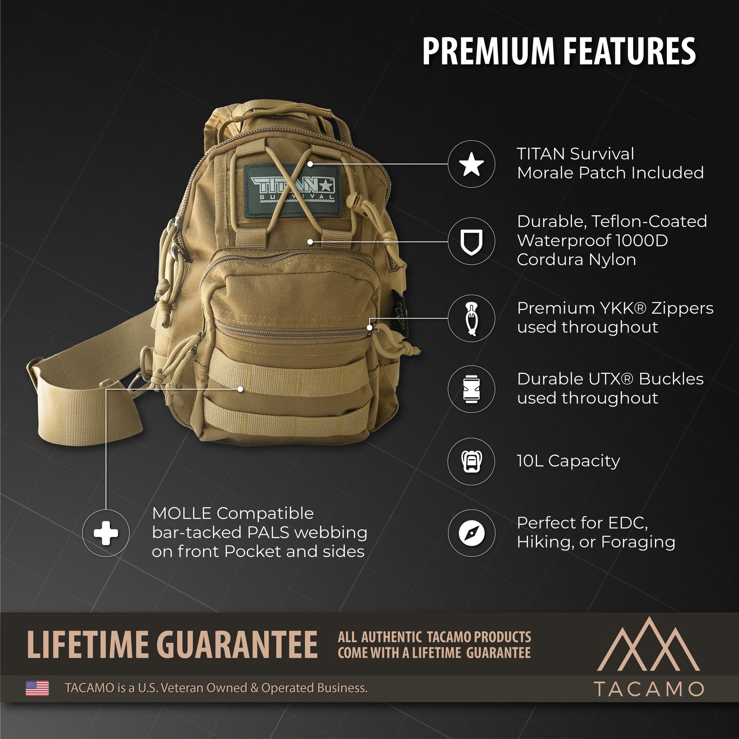 The TITAN Survival TACAMO SB10 10L Tactical Crossbody Shoulder Sling Bag in tan is shown, featuring a morale patch, rugged fabric, premium zippers, durable buckles, and MOLLE webbing—perfect as a utility sling pack for hiking or EDC.