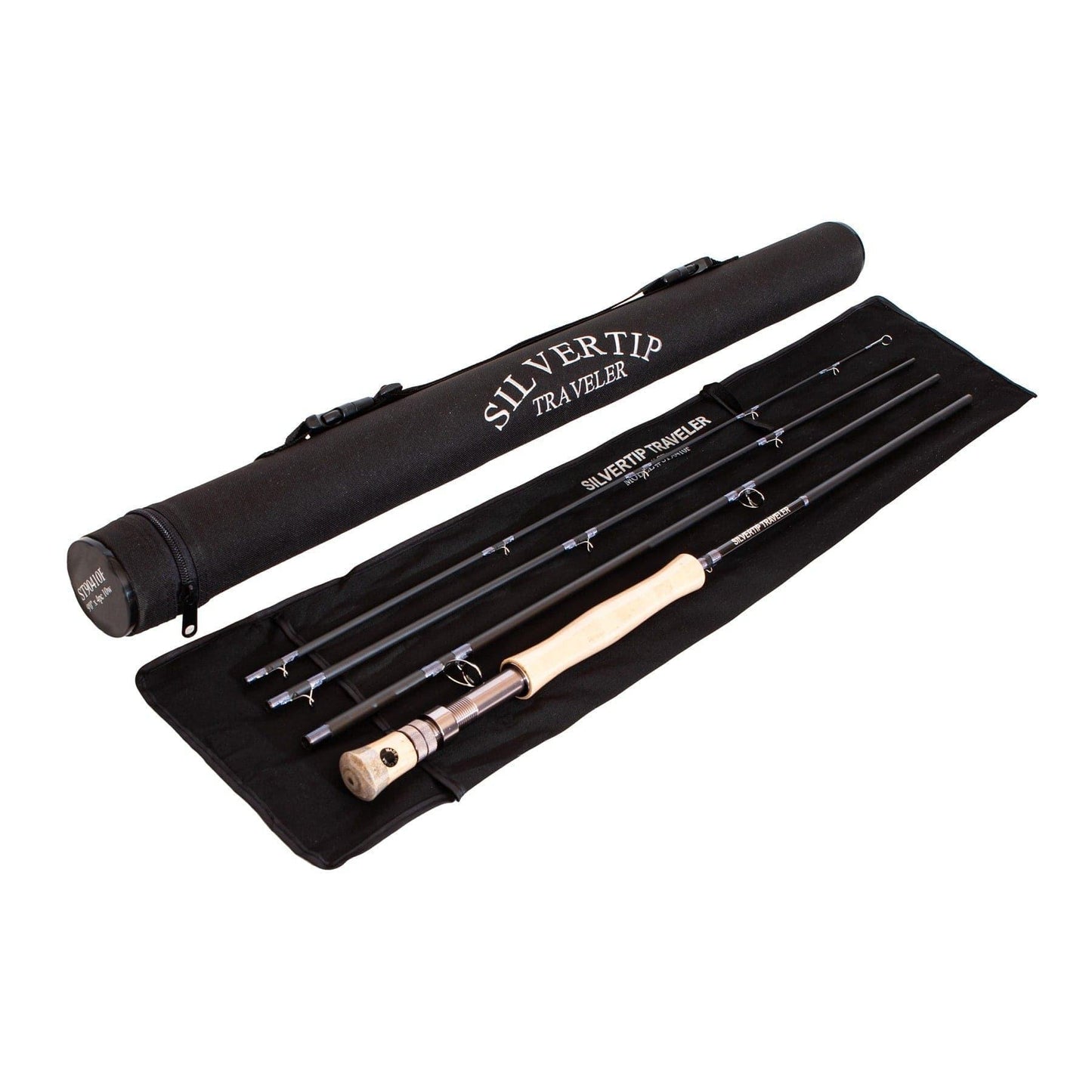 The Jackson Hole Fly Company Tarpon Alley Rod Combo Kit – 90 10WT, featuring a cork handle, is shown disassembled next to a black Silvertip Traveler case and matching multi-compartment pouch—ideal for tarpon fly fishing.