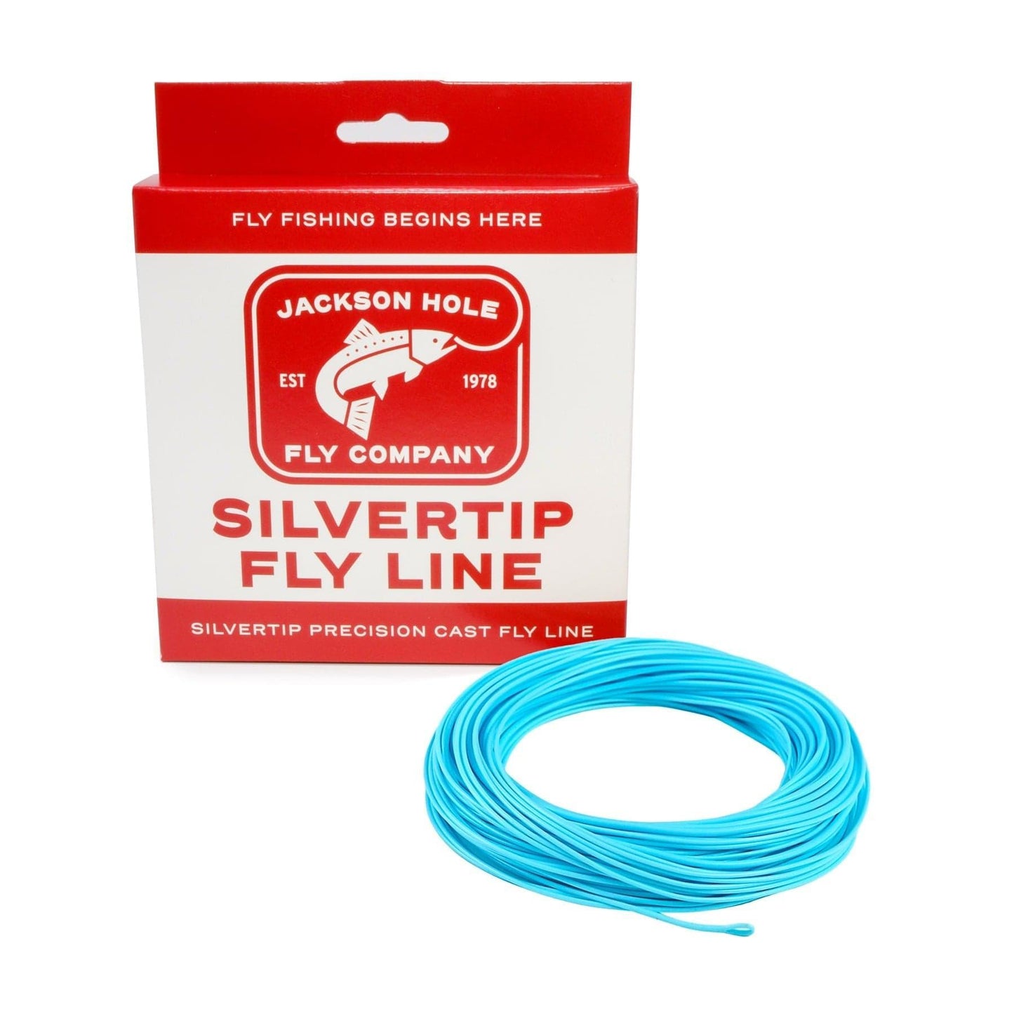 A Jackson Hole Fly Company Tarpon Alley Rod Combo Kit – 90 10WT sits beside a bright blue fly line. The box, labeled with a jumping fish and Fly fishing begins here, is ideal for inshore saltwater fishing.