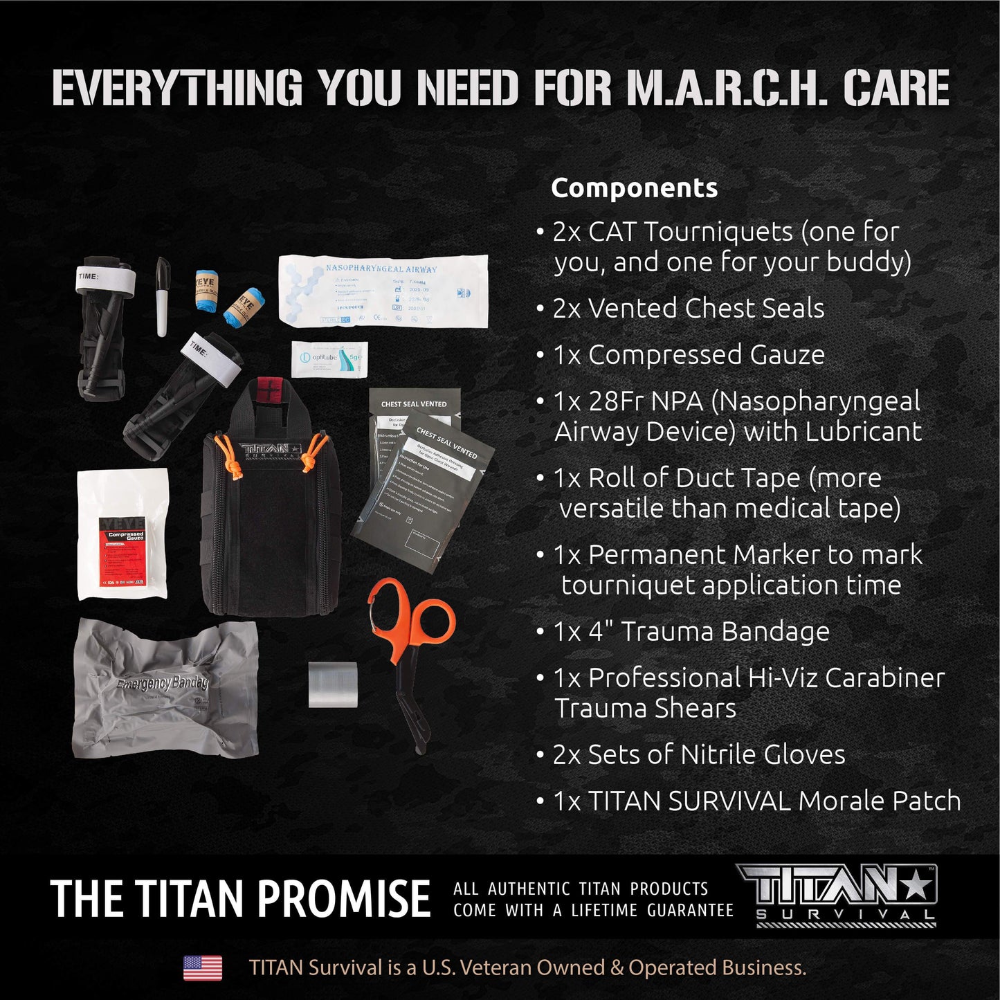 A black poster showcases the TITAN Survival TACAMO Individual First Aid Kit (IFAK), TCCC compliant, with 2 CAT tourniquets, vented chest seals, compressed gauze, airway device, and other essential tactical first aid supplies.