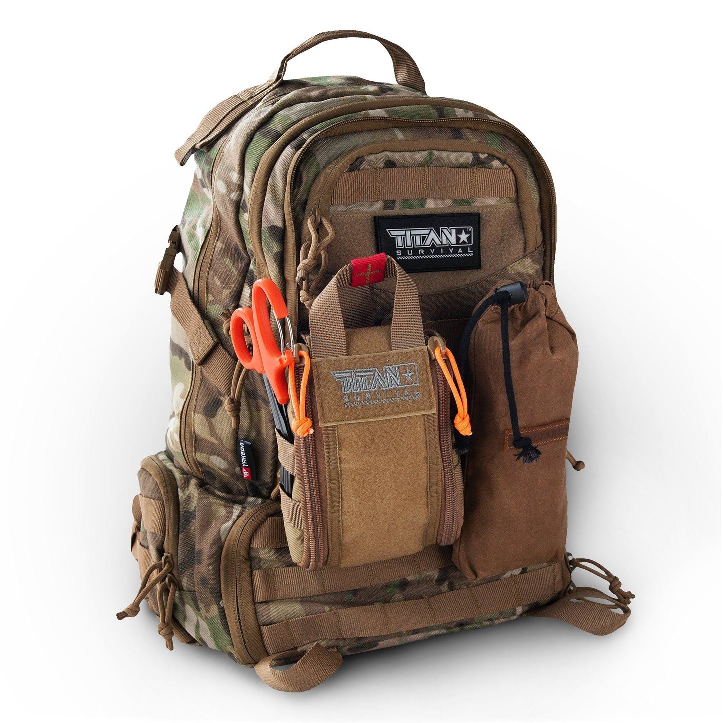 The TACAMO Individual First Aid Kit (IFAK) by TITAN Survival is a camouflage, TCCC-compliant backpack with multiple compartments, front pouches, scissors, pens, and 2x CATs. Includes Titan Survival patch; shown on a plain white background.