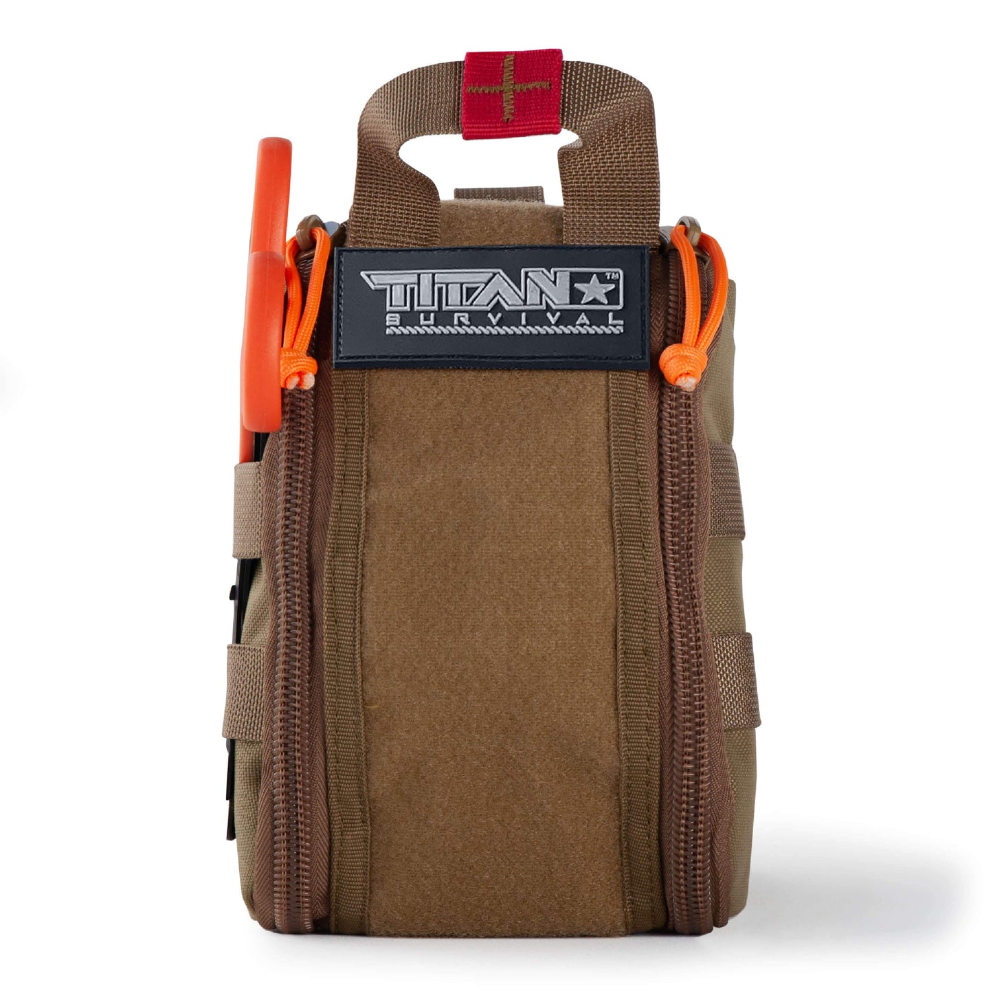 The TACAMO Individual First Aid Kit (IFAK) by TITAN Survival is a rugged tan and brown pouch with a handle, orange zipper pulls, side orange pen, and TITAN SURVIVAL patch. Features visible compartments; ideal tactical first aid kit.