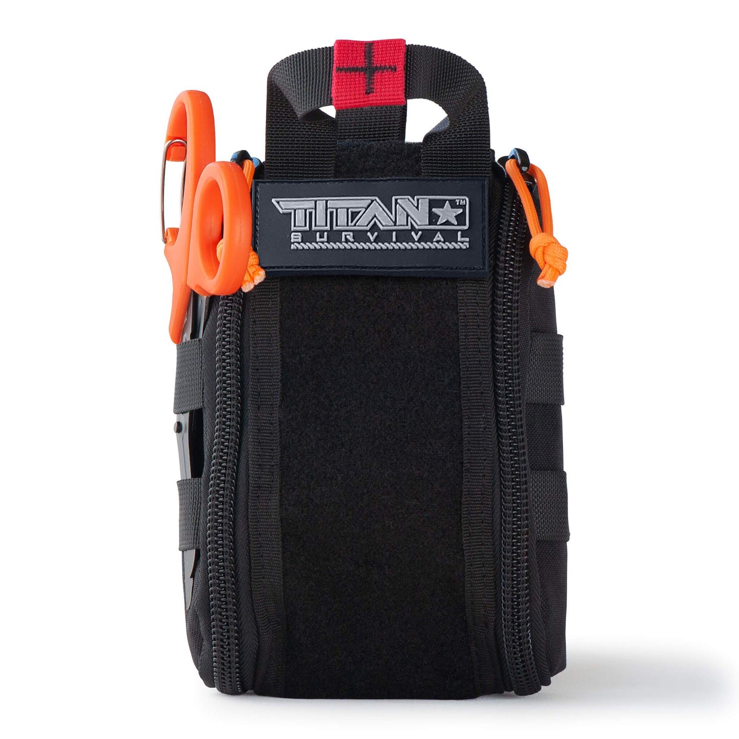 A black TITAN Survival TACAMO Individual First Aid Kit (IFAK) – TCCC Compliant, 2x CATs, with orange medical scissors on the side and a red pull tab on top, stands upright against a white background.